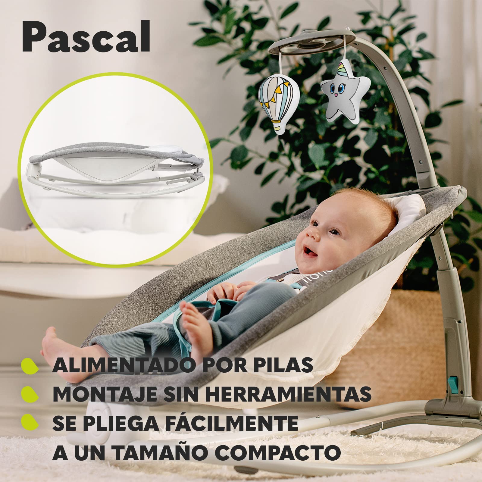 LIONELO Pascal baby bouncer delicadas vibraciones 12 melodías incorporadas con control de volumen ajuste del respaldo barra de juguetes interactivos plegable a tamaño compacto (Grey Scandi)
