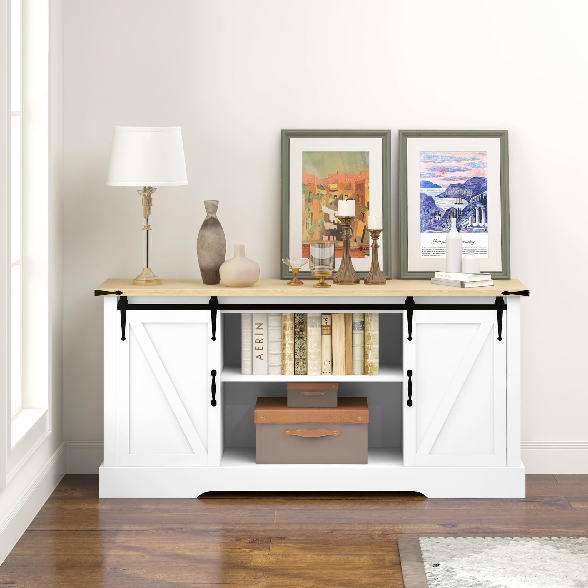 HOMCOM Credenza, mobile contenitore, con 2 ante scorrevoli, ripiani regolabili, per soggiorno, sala da pranzo, corridoio, 150L x 40D x 72H cm, legno, rovere bianco