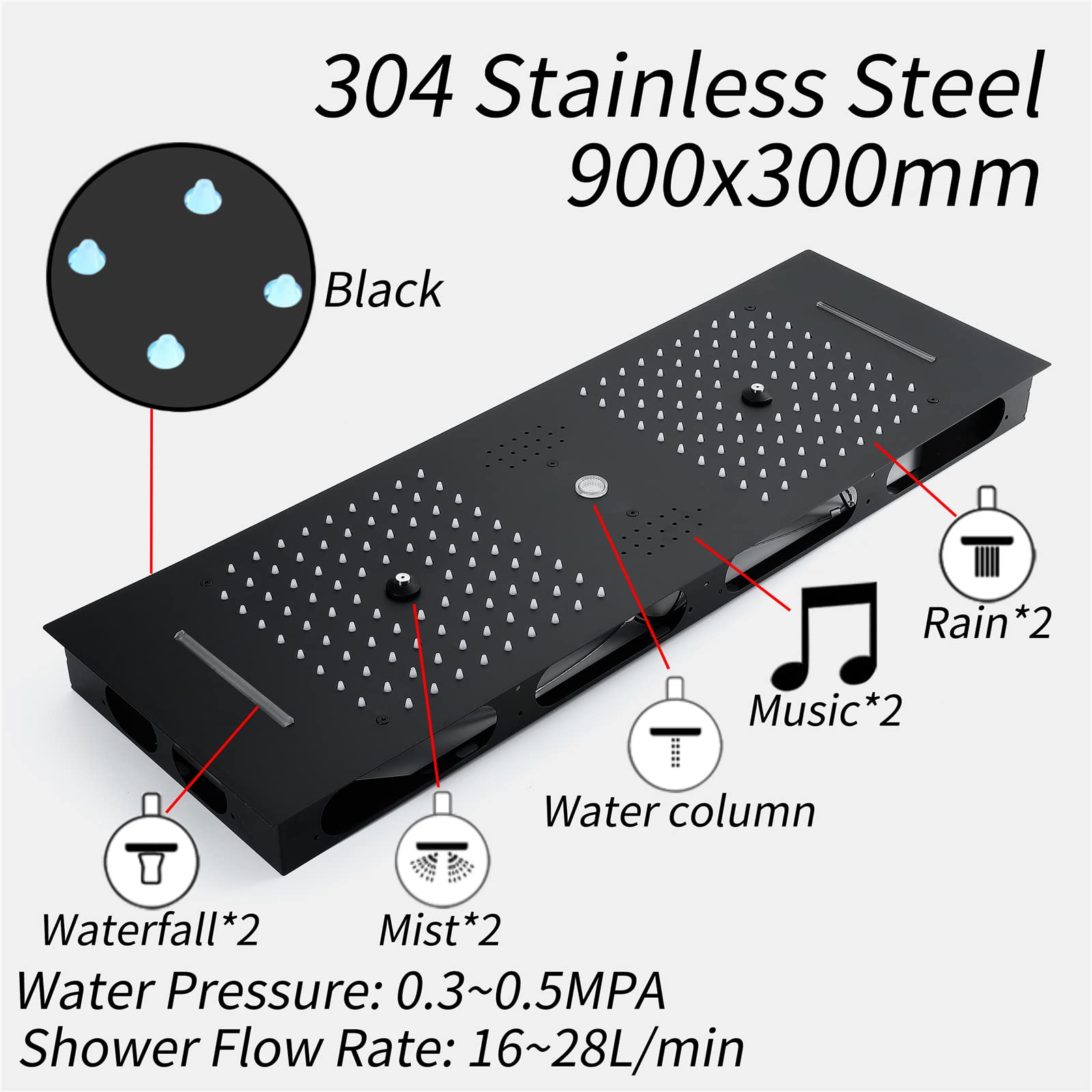 LED Música Rociador Ducha 90x30cm Negro Alcachofas Fijas para Ducha 4 Funciones 64 Colores Alcachofa de Ducha Rectangular 304 Acero Inoxidable Cabezal de Ducha Lluvia,Touch Control