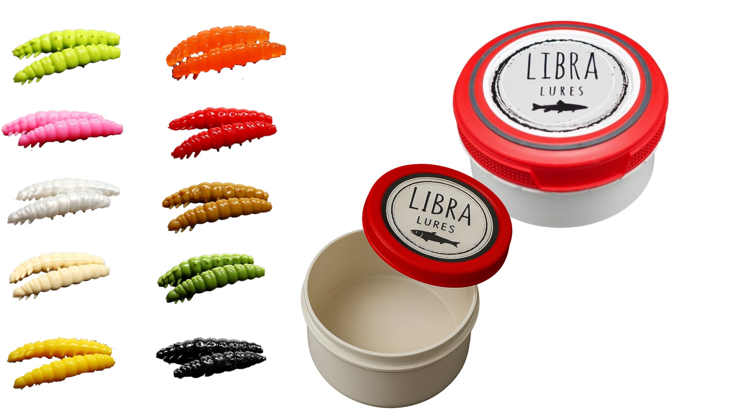 Libra Lures Larva 45mm Starter-Set – 20x Forellenköder Softbaits in 10 Farben mit Krill-Aroma – Libra Lures Starter Box Probierbox Larva + geruchsfeste Dose | Gummiköder Forelle Angelköder