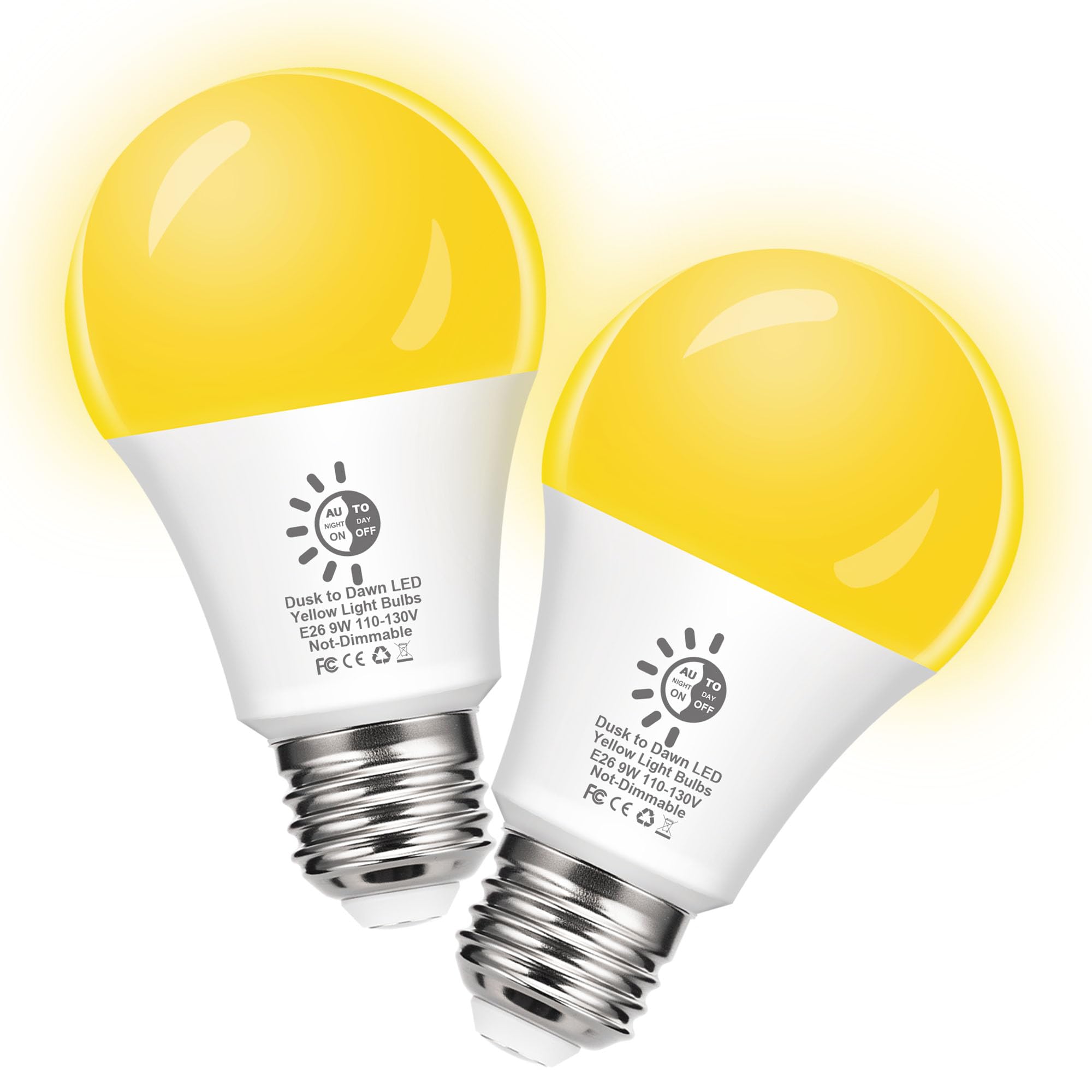 Dusk to Dawn Bug Light Bulb Outdoor - 60W Equivalent A19 Yellow LED Bug Light Bulbs, Auto On/Off 9W LED 2000K Yellow Bug Photocell Sensor Bulb Lights for Outside Porch Pool Patio Lights, 2 Pack