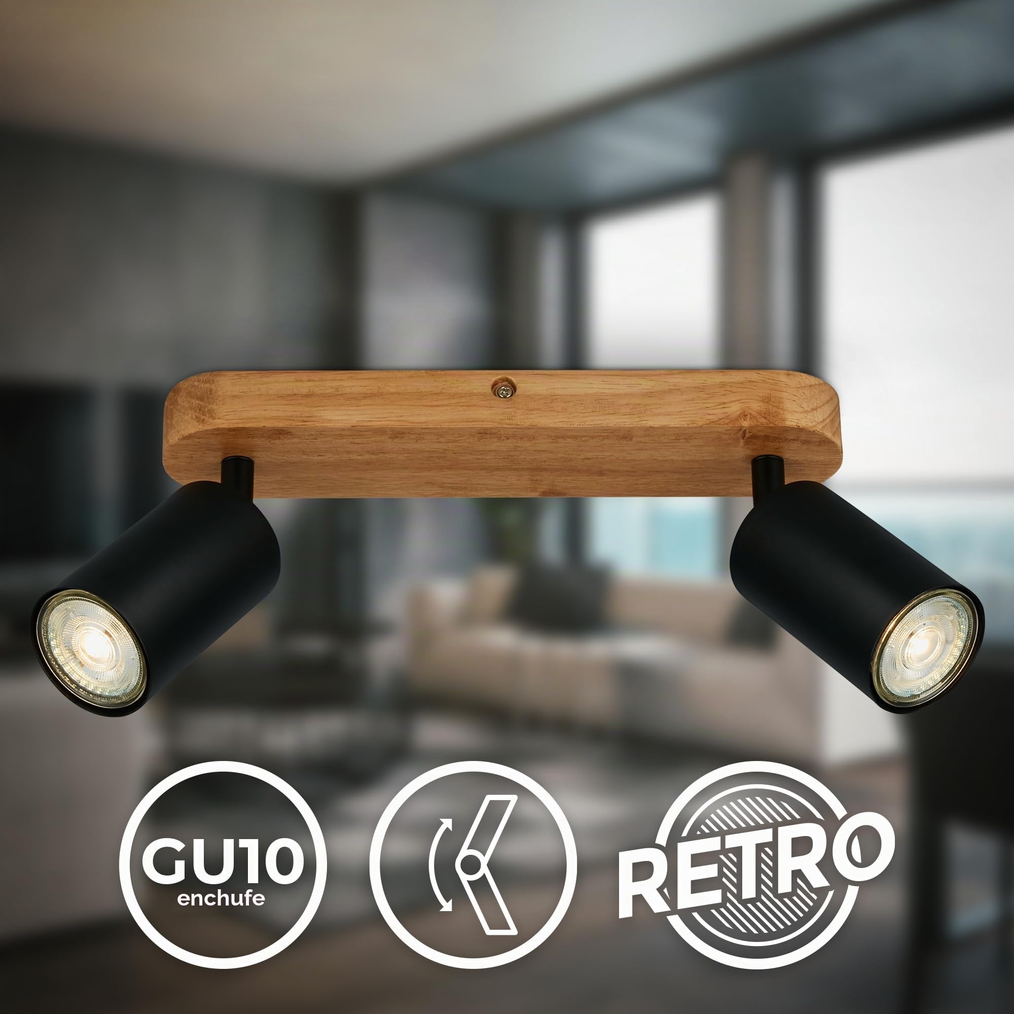 B.K.Licht - Lámpara vintage 2 luces, Base de Madera, Metal Negro, GU10 máx 2x9W, Ø90mm, Largo máx 150mm, Sin Bombillas, IP20, Iluminación Rústica