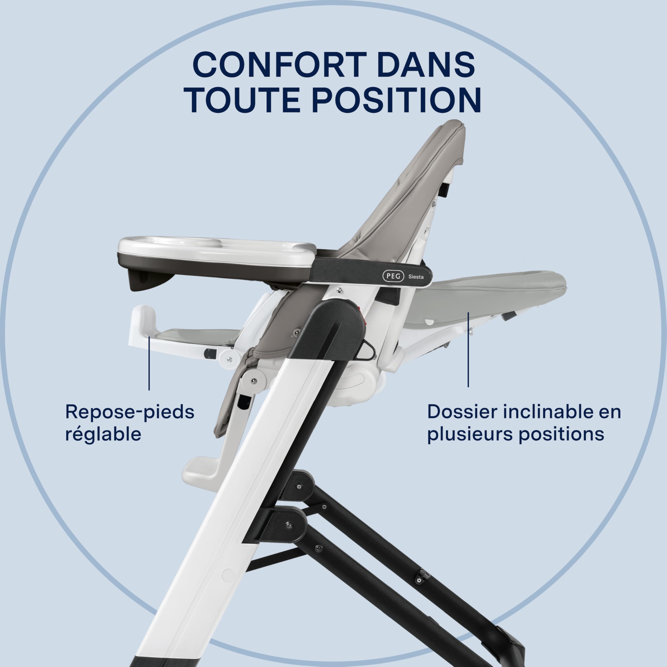PEG Siesta Follow Me Chaise Haute dès la Naissance, Inclinable avec Fonction Transat, Double Plateau, 9 Hauteurs, 4 Roues, Pliable et Compacte, 0-3 Ans (0-15 kg), Ice