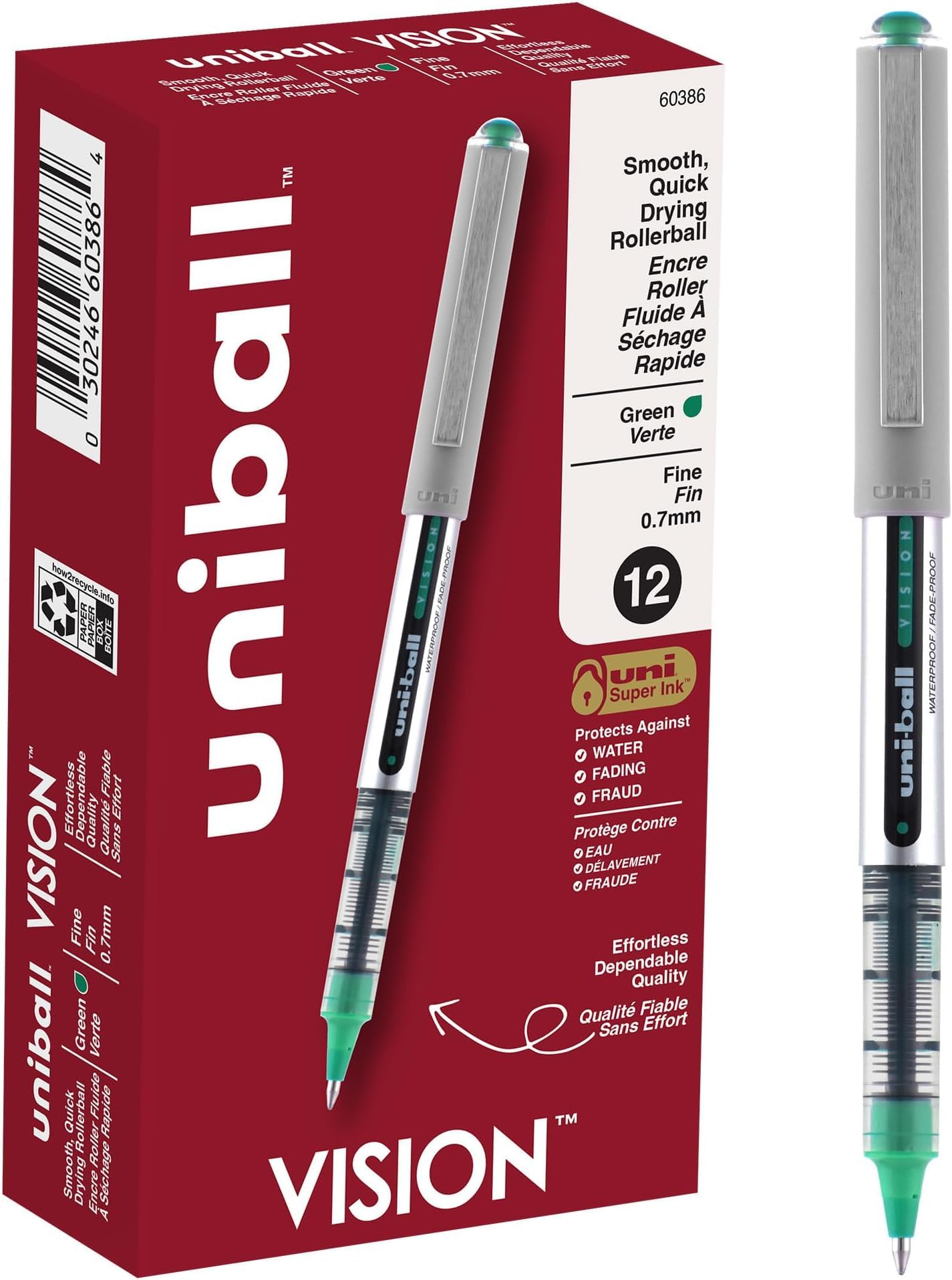 uniball Vision Rollerball Pens, Green Pens Pack of 12-0.7mm Fine Point Medium Ink - Japanese Pen, Smooth Writing Pen, School &amp; Office Supplies (Pack of 144)