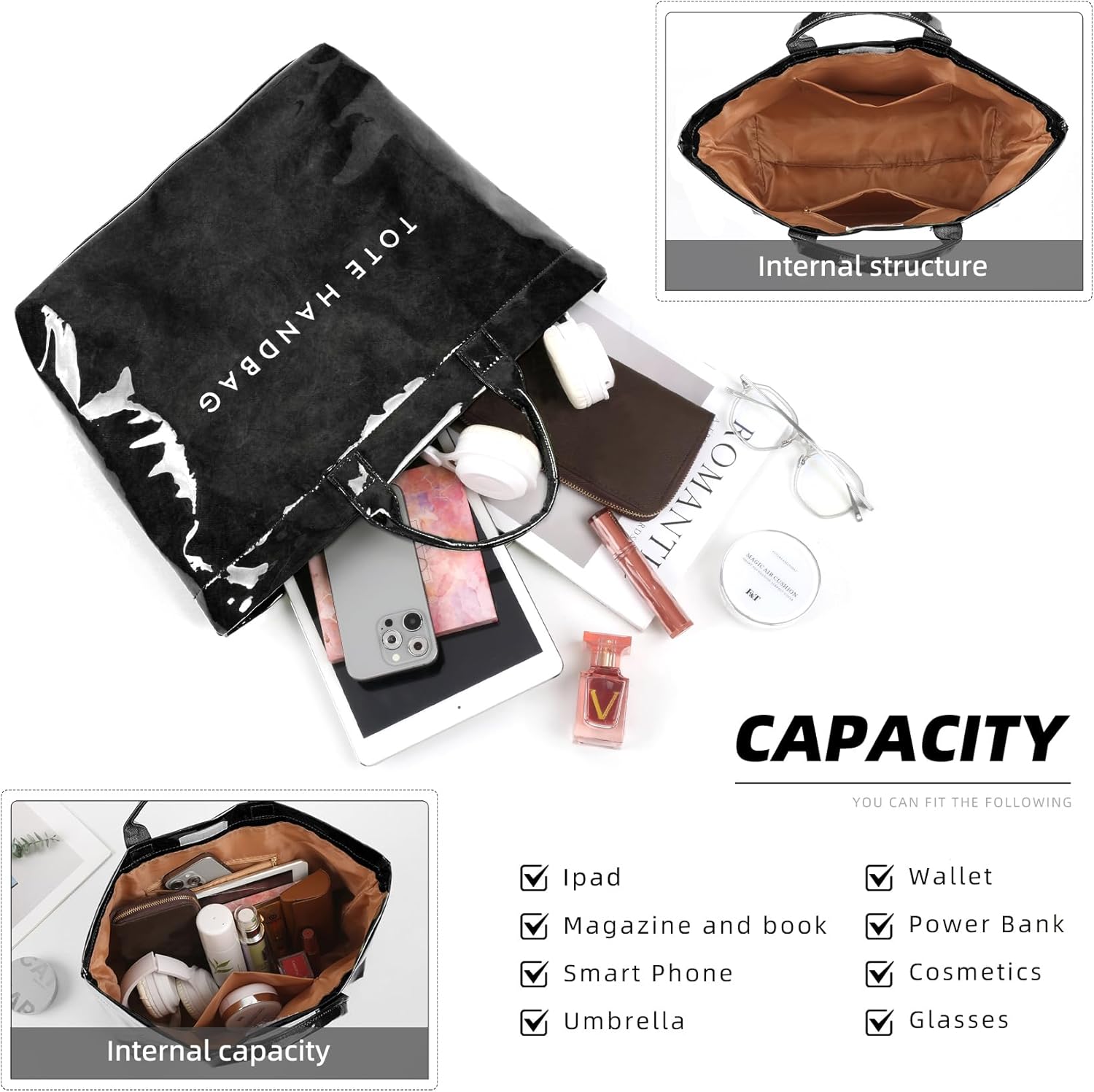 ALUSBELL Large PVC Tote Bag for Women Letters Print Tote Handbag Kraft Paper Travel Shoulder Bag Clear Carry All Hobo Handbag - Image 6