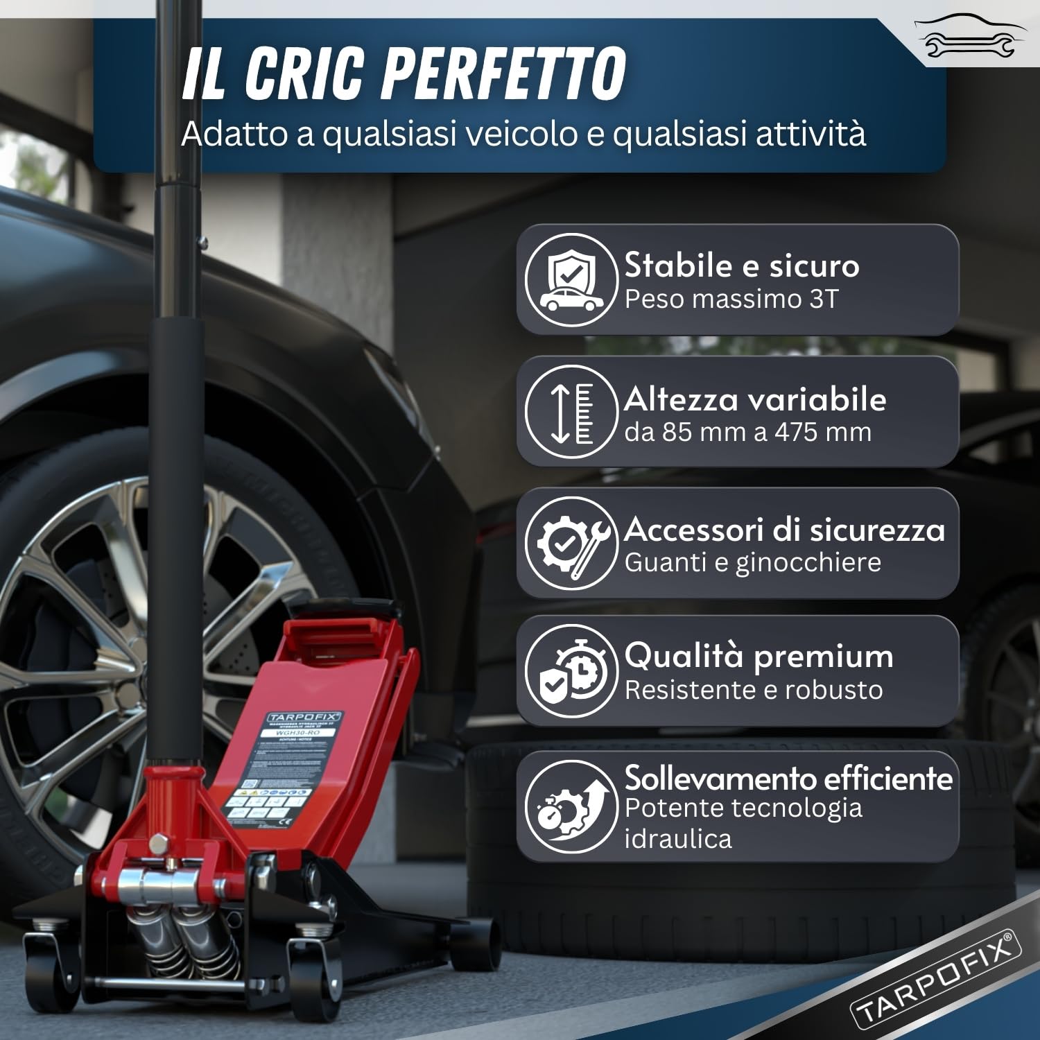 Tarpofix® Cric Idraulico per Auto 3t (85-475mm) | Sollevatore Auto Professionale con Doppio Cilindro | Ideale per SUV & Veicoli Ribassati