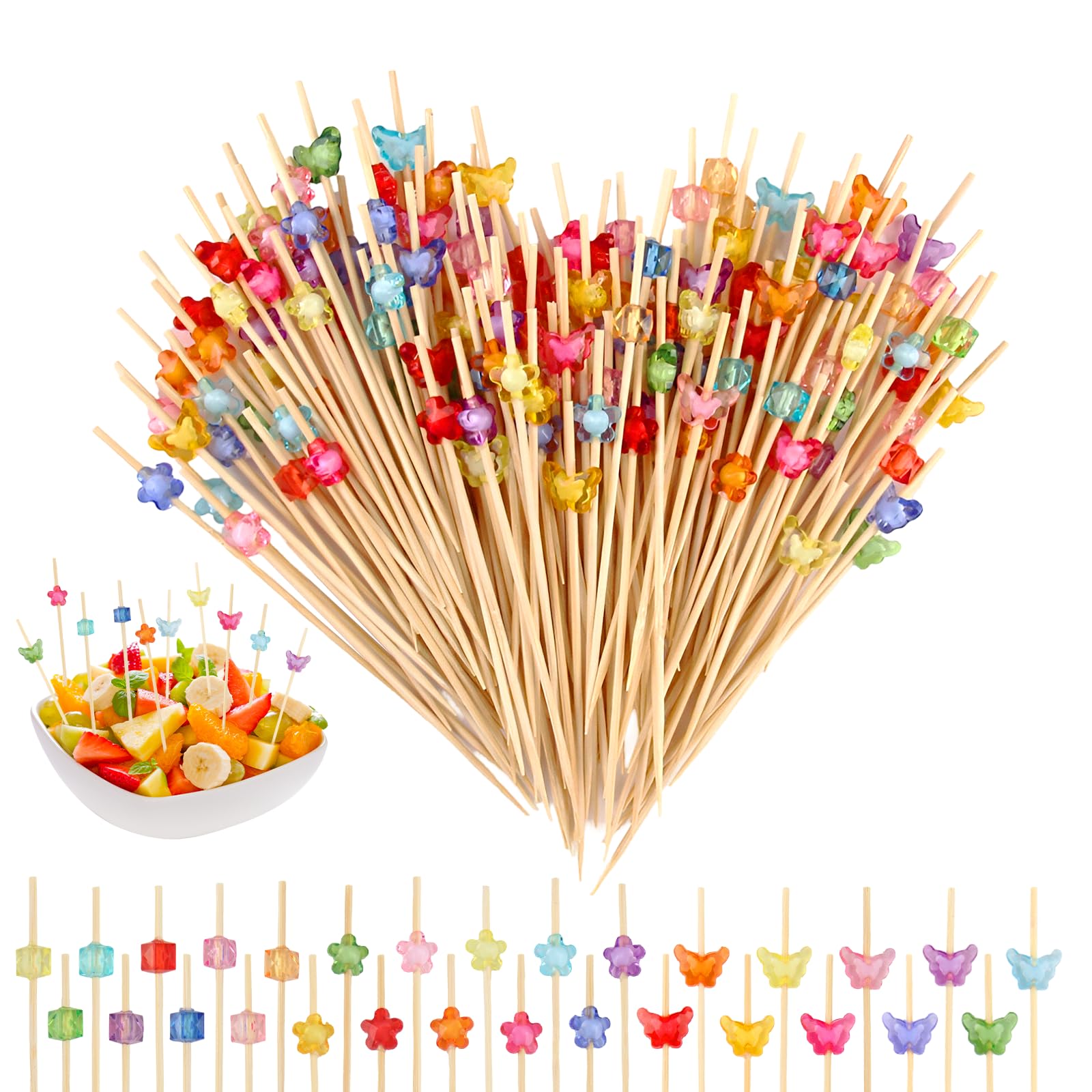 300 Piezas Palillos para Aperitivos Brochetas Bambú 12 cm Palos de Brocheta Pinchos con Forma de Mariposa y Flor para Decoración Cocktail Bebidas Frutas Ensalada Fiesta
