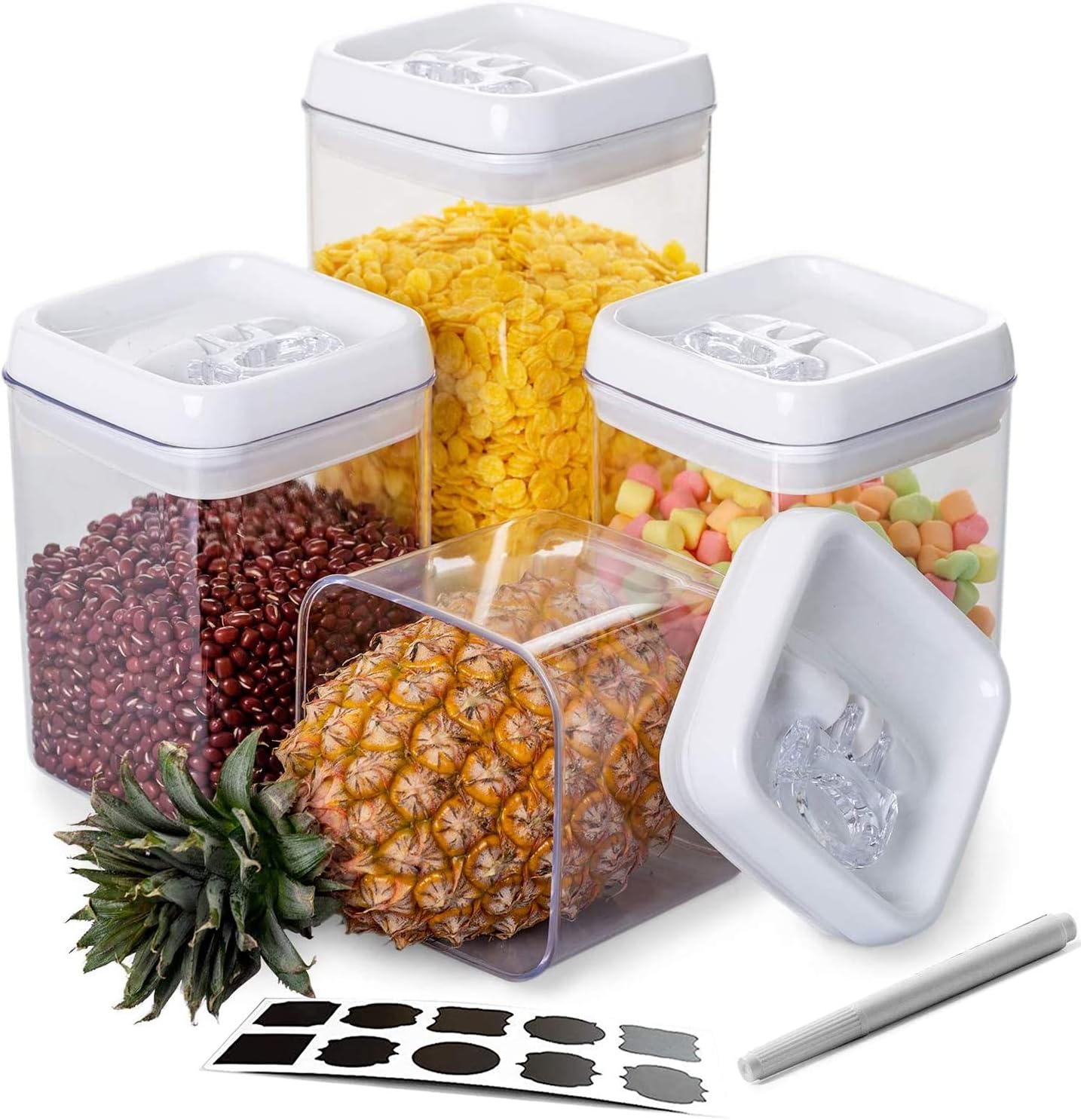 Wookon Airtight Food Storage Container Set With Easy Lock Improved Lids, Easier To Take And Put With Larger opening,Kitchen & Pantry Organization 4 Pieces BPA Free Plastic for Dry Foods & Liquids,Include10 Free Chalkboard Labels and 1 Marker