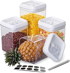 Wookon Airtight Food Storage Container Set With Easy Lock Improved Lids, Easier To Take And Put With Larger opening,Kitchen & Pantry Organization 4 Pieces BPA Free Plastic for Dry Foods & Liquids,Include10 Free Chalkboard Labels and 1 Marker