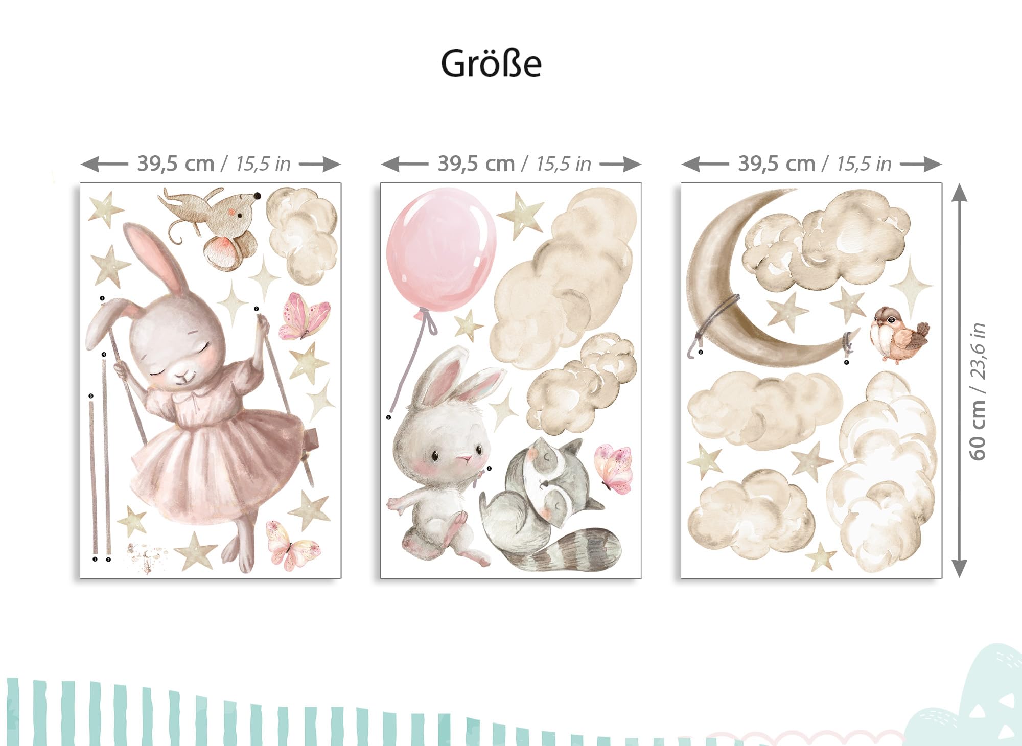Wandtattoo Hase Aquarell Wandsticker für Babyzimmer Tiere Luftballon Wandaufkleber Mädchen Kinderzimmer Wanddeko Spielzimmer DK1127-04