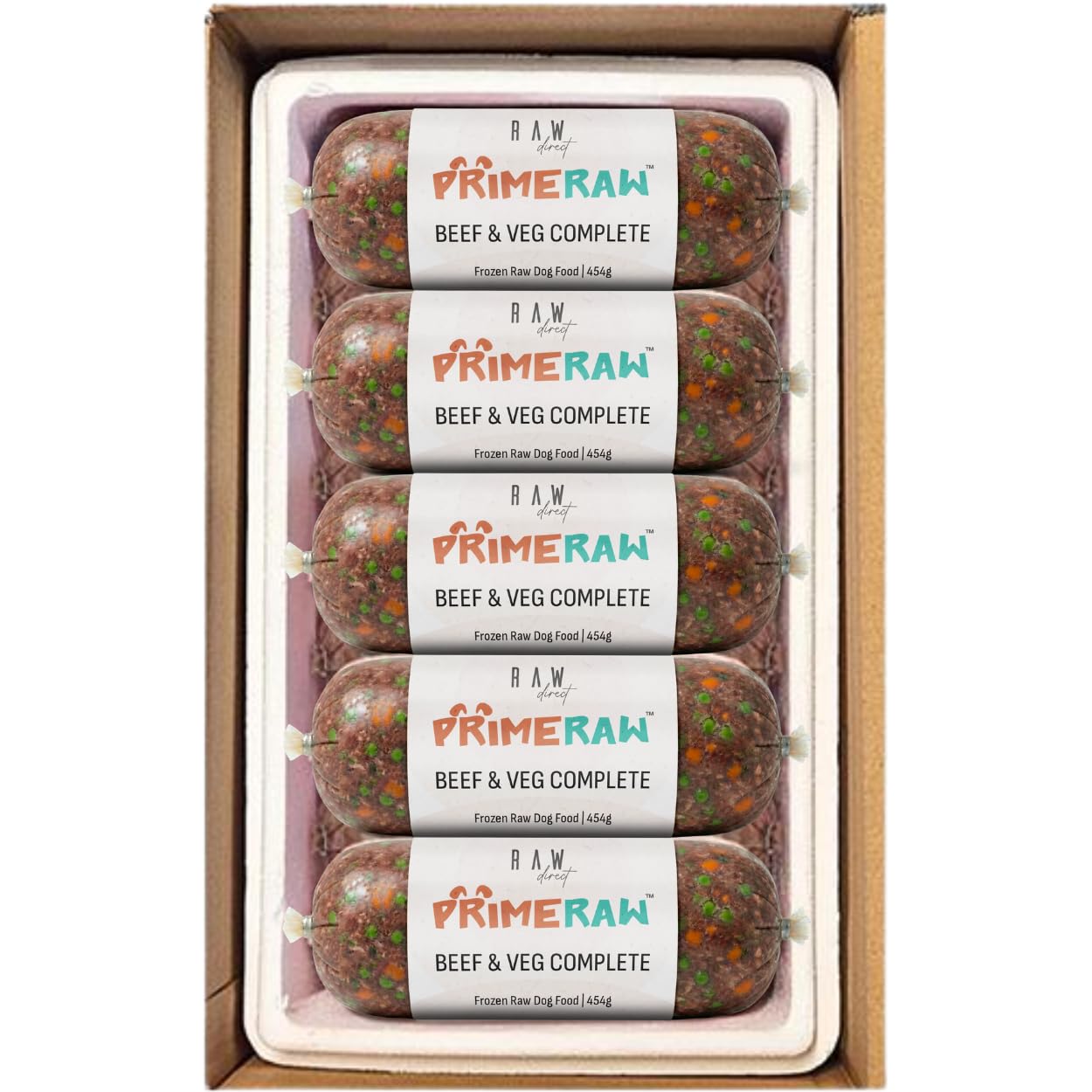 RAW DIRECT Prime Raw Frozen BARF Dog Food – 454g Rolls | 20 or 30 Rolls Pack | Premium Natural Barf Diet | High-Protein, Grain-Free & Nutrient-Rich (10, Beef & Veg)