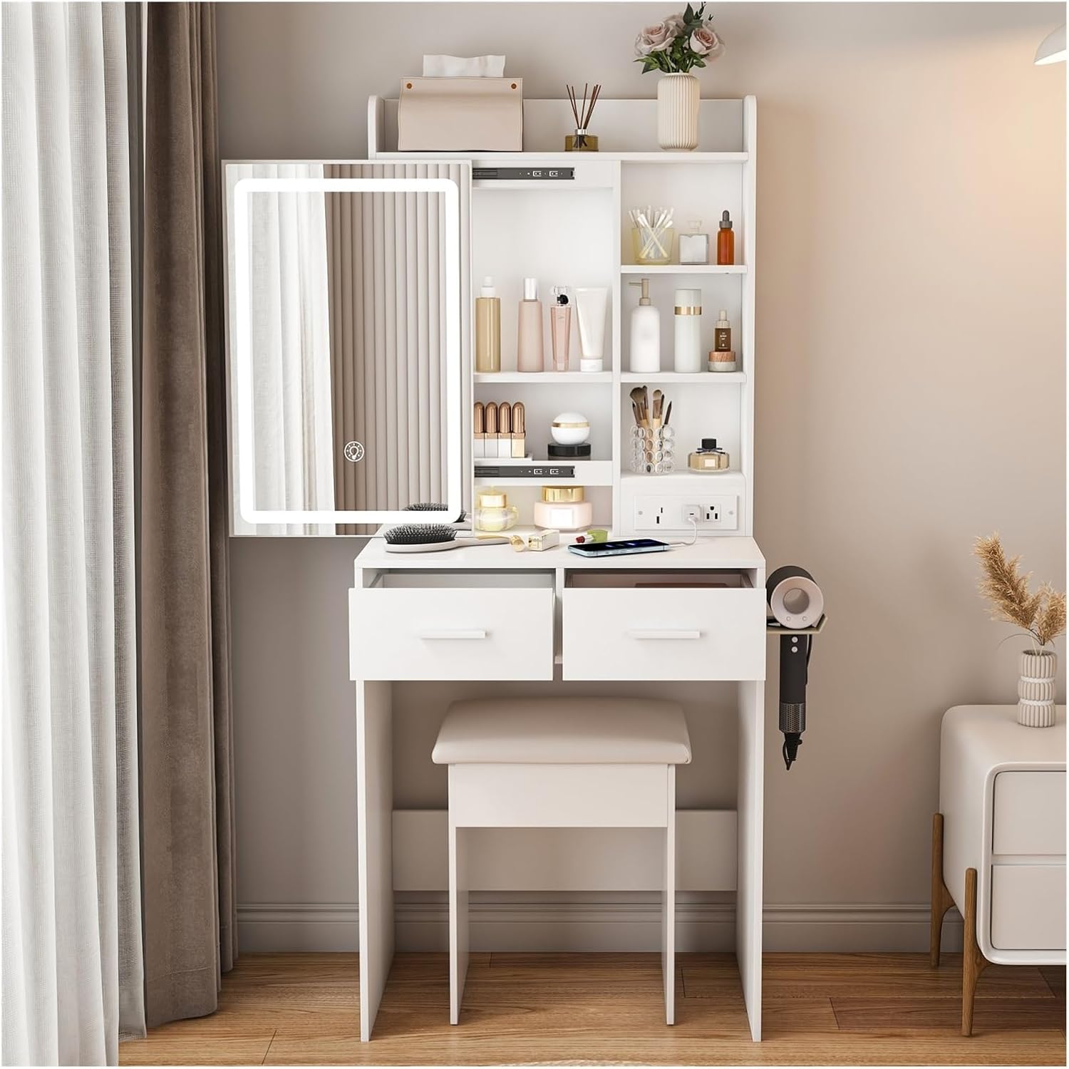 Small Makeup Vanity Desk with Mirror & Adjustable LED Lights,Built-in Power Outlet and Hidden Storage, Includes Padded Stool Shelf,Space-Saving Dressing Table for Bedrooms,White Gi