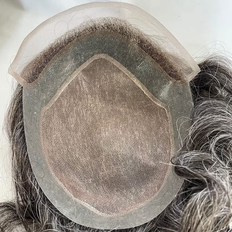 Miniatura 7 de Peluca de cabello humano tipo tupé de repuesto para hombre, con encaje frontal suizo, parte superior con base de encaje y poliuretano alrededor de