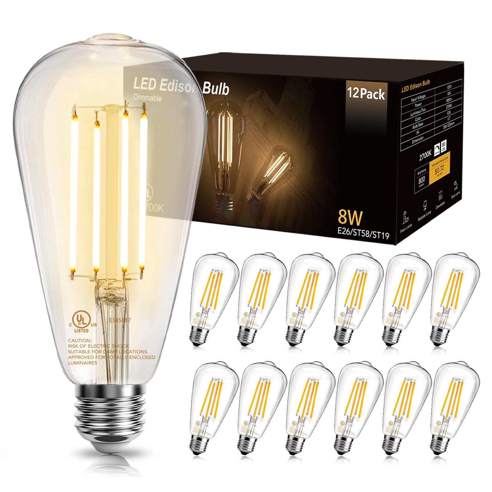 DAYBETTER 12 Pack Vintage Edison Bulbs