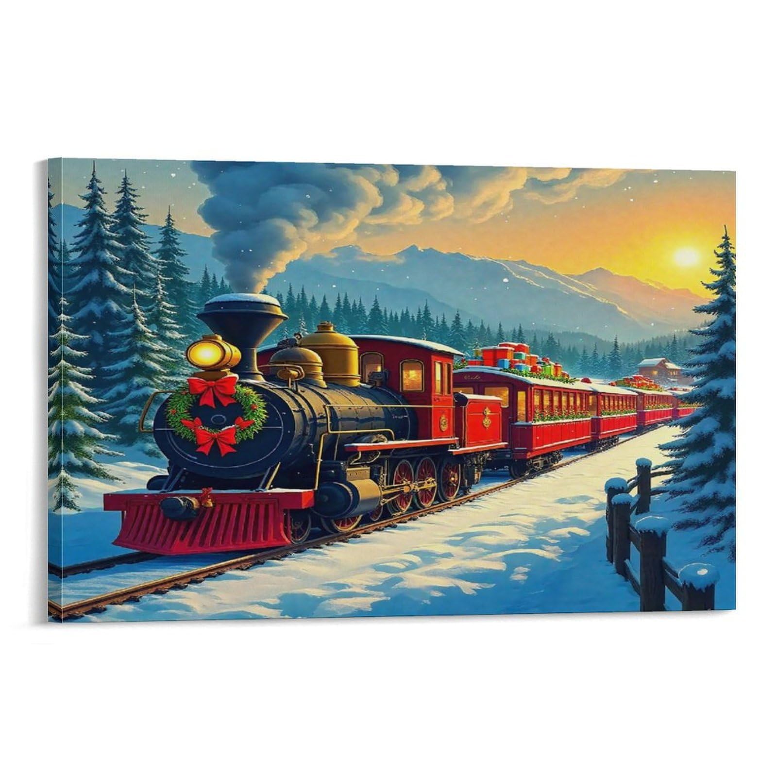 CPLVKWRQJ Snowy Forest Train Journey Individual Xmas Steam Train Sunset Snowy Pine Valley Canvas Wall Art - Office Canvas Print Fade Resistant Wall Focal Art Ready to Hang 20x30inch(50x75cm)