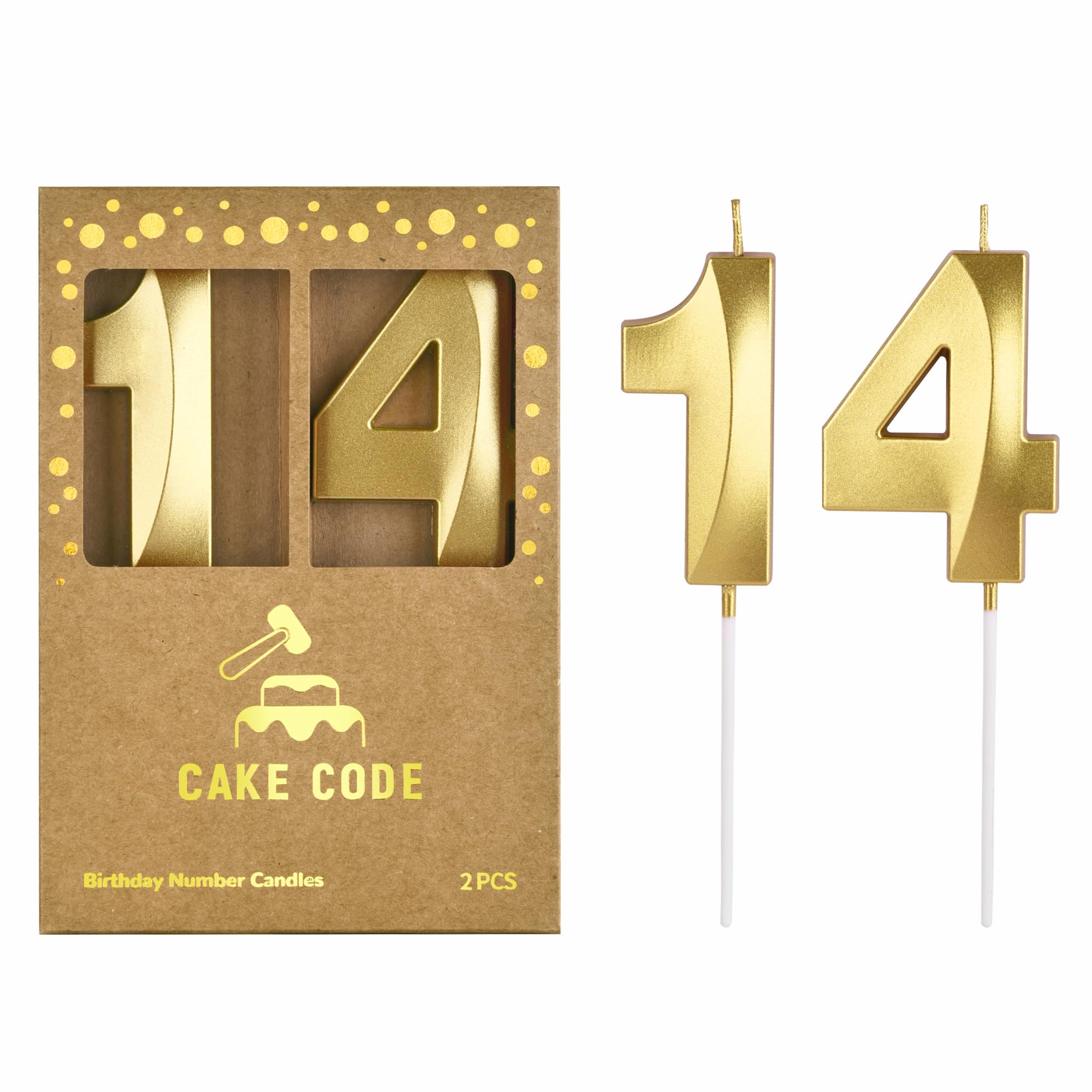 CAKE CODE 2.76 Inch Diamond Gold 14 Number Birthday Candles, Gold Number Candles, Cake Number Candles, Party Celebration