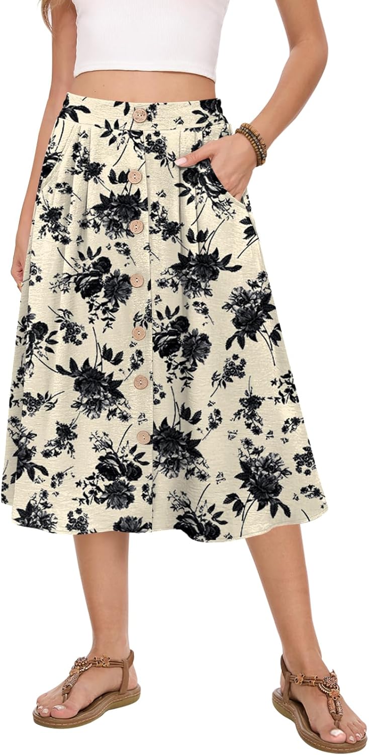 Women's Midi Skirt Summer Flowy High Waisted Casual Button Front Skirts with Pockets - Image 2