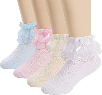 5 Pairs Toddler Baby Girls Ruffle Lace Trim Socks with Bow Frilly Eyelet Mesh Princess Ankle Dress Socks