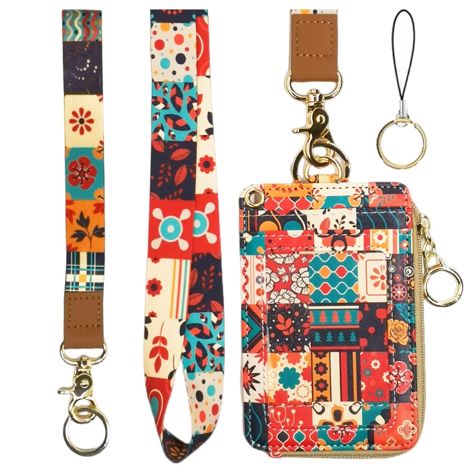 bolimoss ID Badge Holder with Lanyard Keychain,Cute Lanyard Wallet for Women, Retro Floral Aesthetic Card Name Tag Lanyard Vertical ID Protector Bage Clips for Nurse Doctor Teacher Student