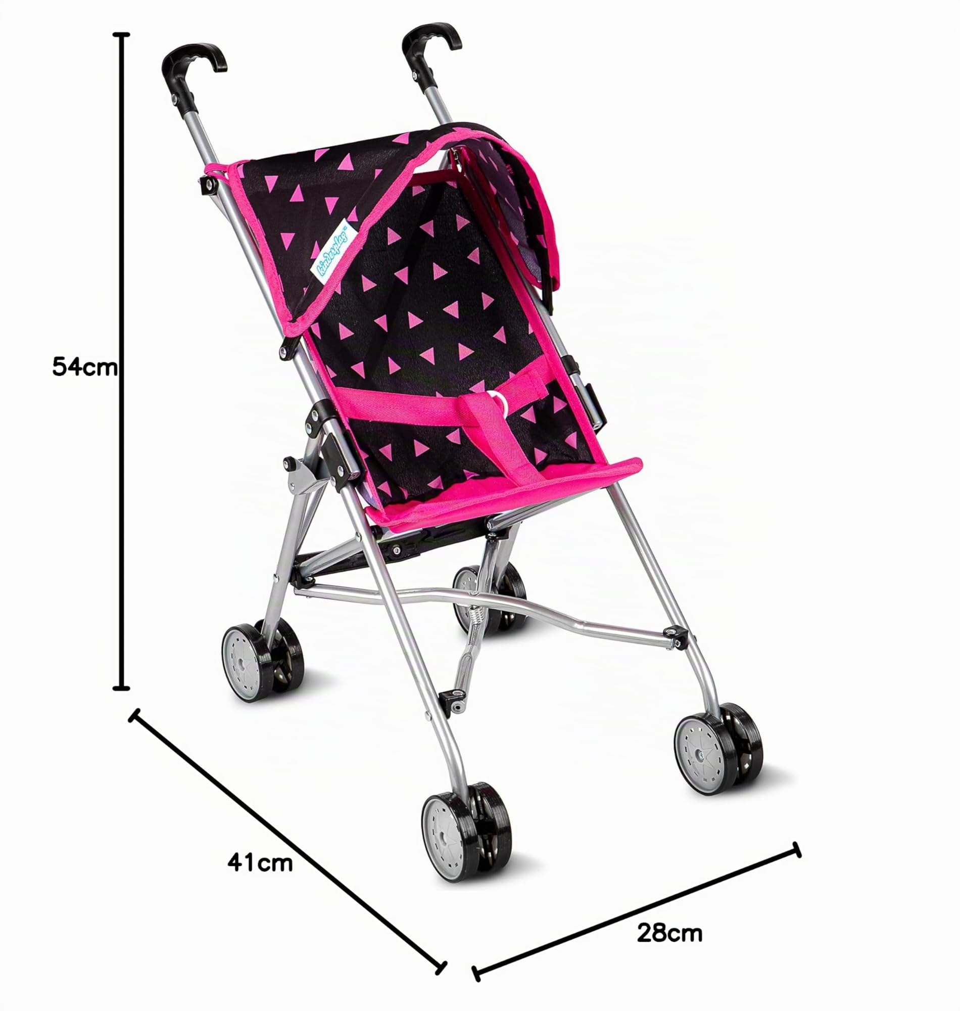 Kinderplay Passeggino per Bambole in Alluminio – Manico 54 cm, Leggero e Pieghevole – Per Bambini 2+ – Ruote Doppie Silenziose e Cintura di Sicurezza