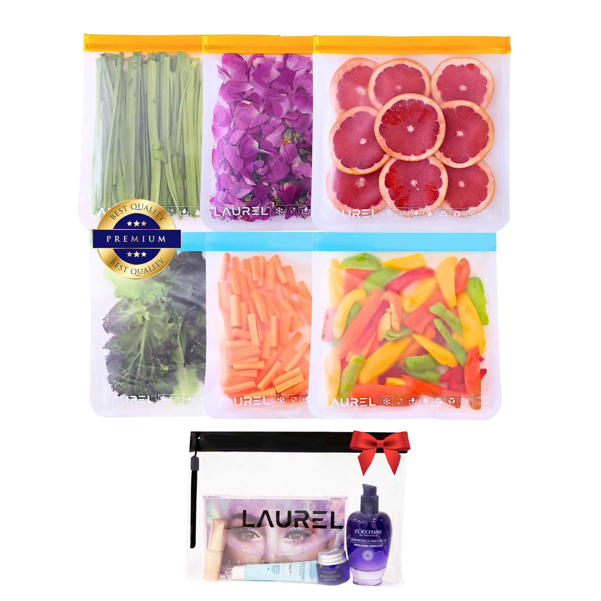 LC - Sacchetti riutilizzabili per alimenti, sacchetti riutilizzabili per congelatore, a prova di perdite, in silicone, per il lancio (confezione da 6, 15 litri + regalo)
