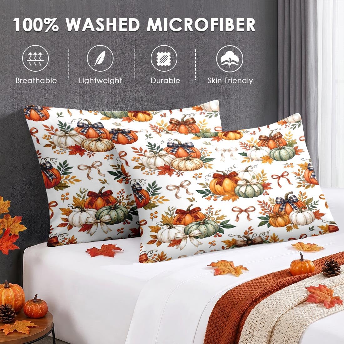 WeCozy 7 Pcs Queen Size Fall Comforter Set, Pumpkin Bow Cottagecore Bedding