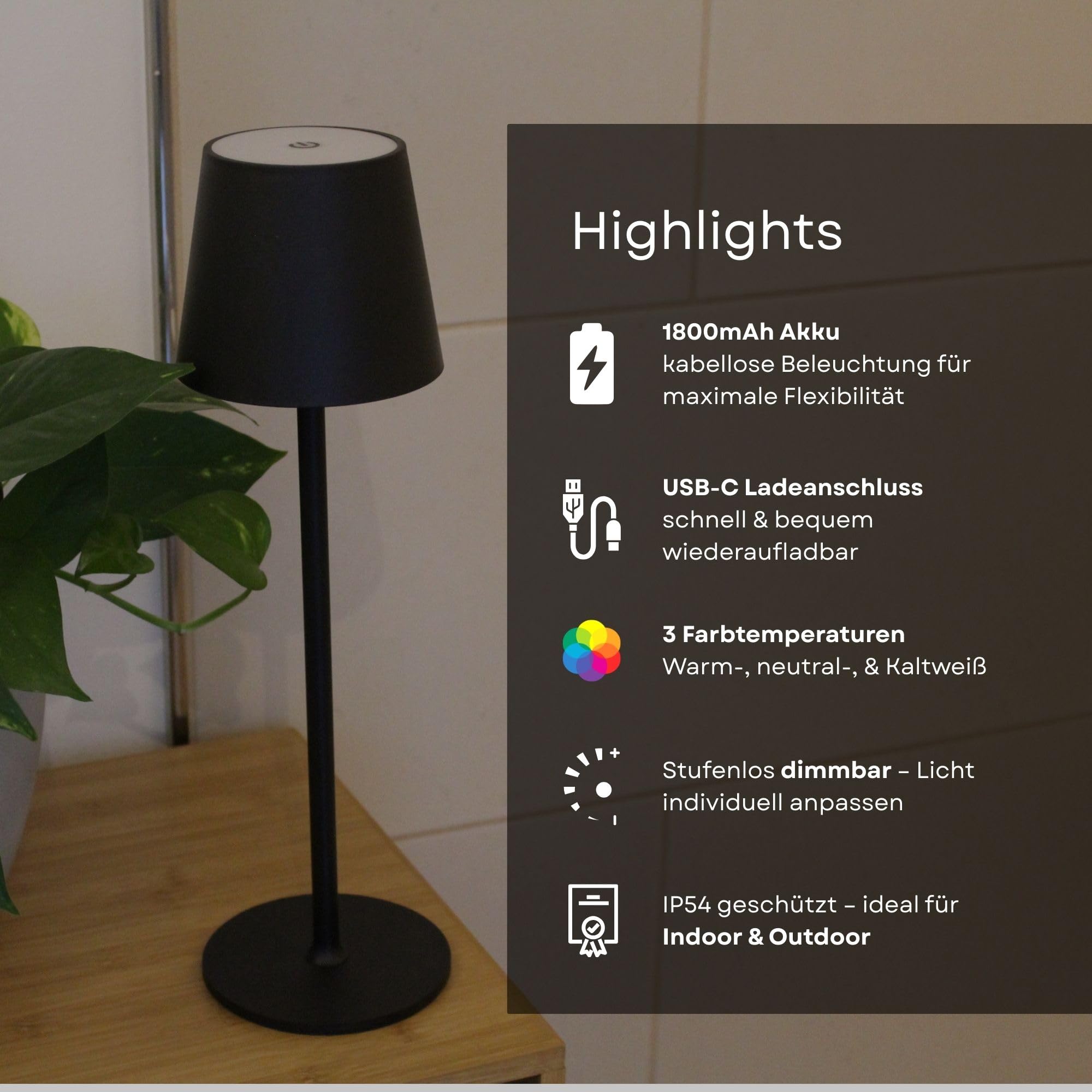 Nell LED Tischlampe Kabellos | 1800mAh Akku Wiederaufladbar | USB-C Ladeanschluss | IP54 Wassergeschützt | Dimmbar & 3 Farbtemperaturen | Für Indoor & Outdoor (BLACK, 8, LED)