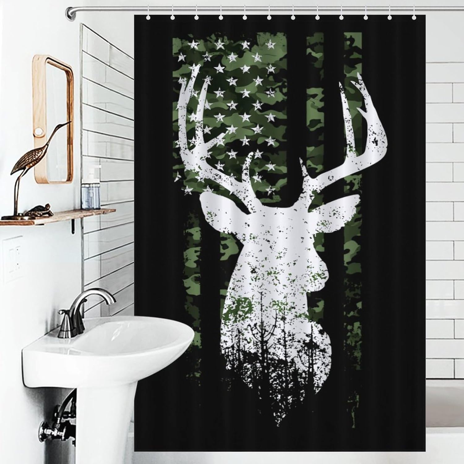 US Flag Deer Hunting Camouflage Shower Curtain 46.85x70.87Inch（119x180cm） Polyester Bath Curtain Shower Curtains Printed Decorative