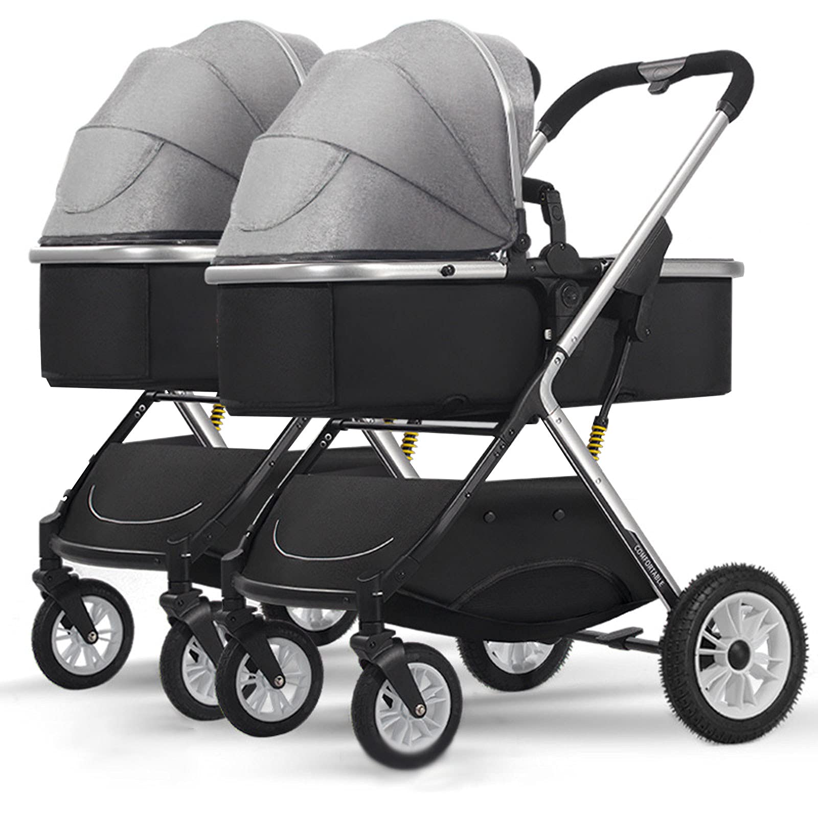 ESSBAG Twin Pushchairs from Birth, Fully Adjustable 2-In-1 Tandem Baby Pram and Buggy, Folding Newborn Umbrella Tandem Stroller Compact Toddler Pushchairs Bassinet,Grey