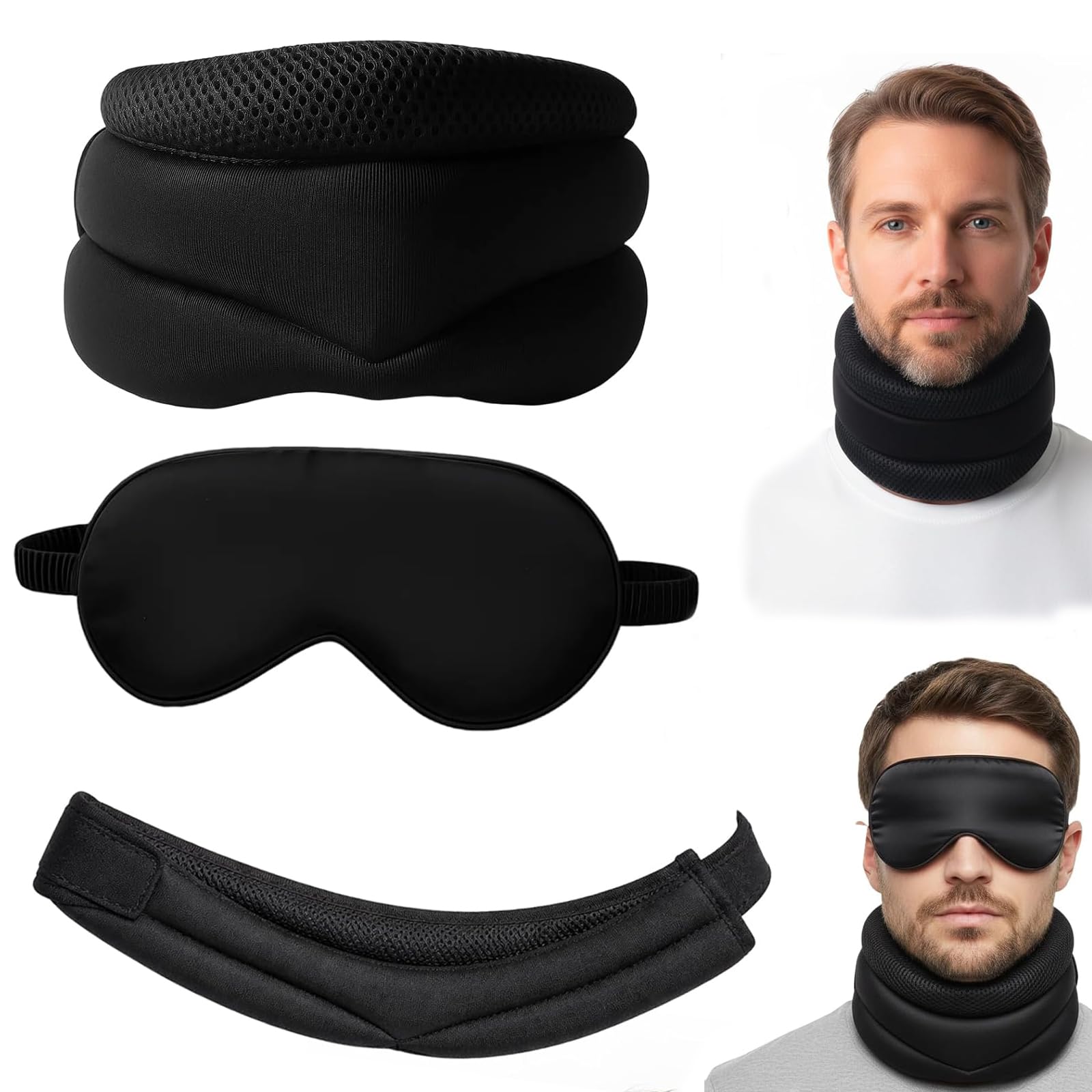1 Pcs Neck Brace and 1 Pcs Eye Mask Set, Neck Brace for Neck Pain and Support, Neck Support for Adults with Neck Pain and Snoring Relief, Travel Comfort for Office Workers with Poor Posture (Black)