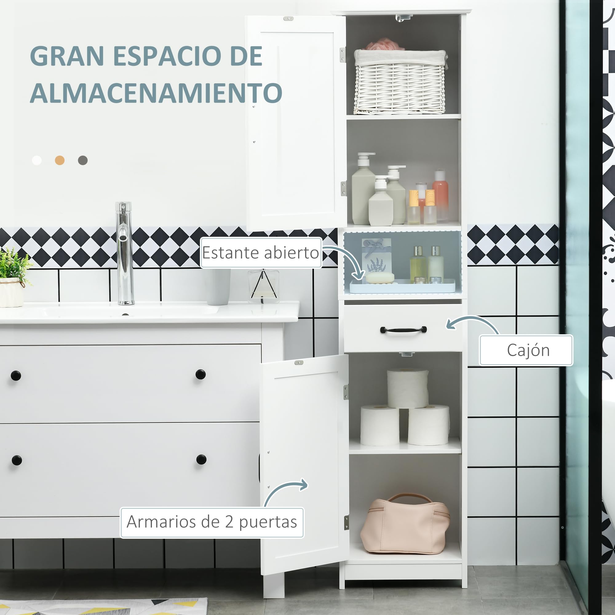 kleankin Columna de Baño Armario de Baño Alto con 2 Puertas 1 Cajón Estante Abierto y Estantes Ajustables Antivuelco 40x30x164 cm Blanco