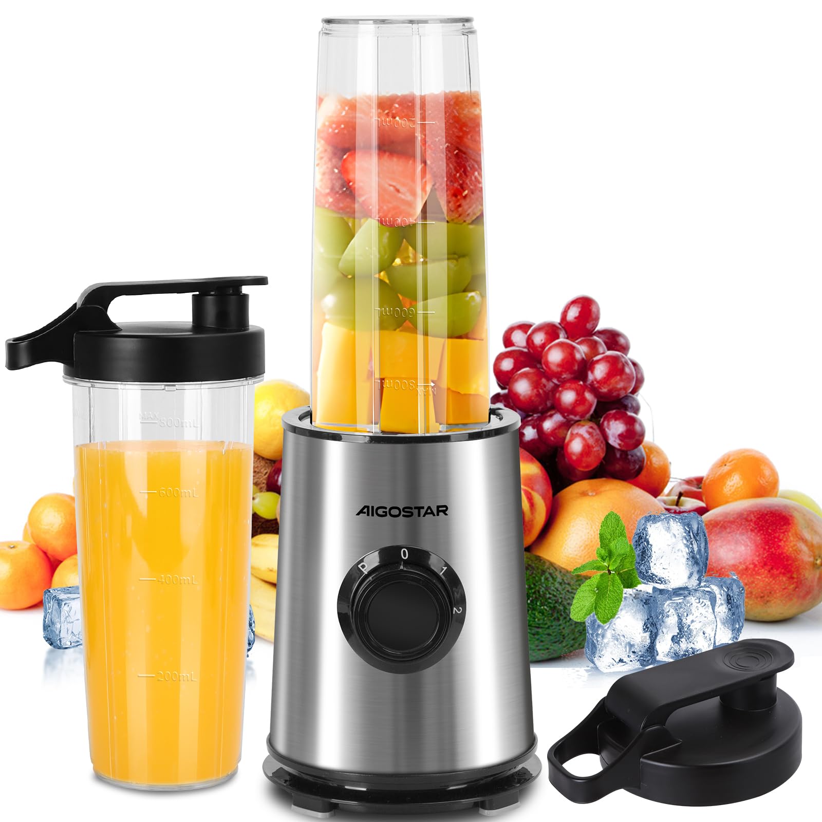 Aigostar Blender Smoothie Maker, 600W Personal Blender with 2×800ml BPA Free Cup, 2 Speeds & Pulse Setting, Mixer for Crush Ice, Juice & Vegetable Drinks - Baron 00RUA