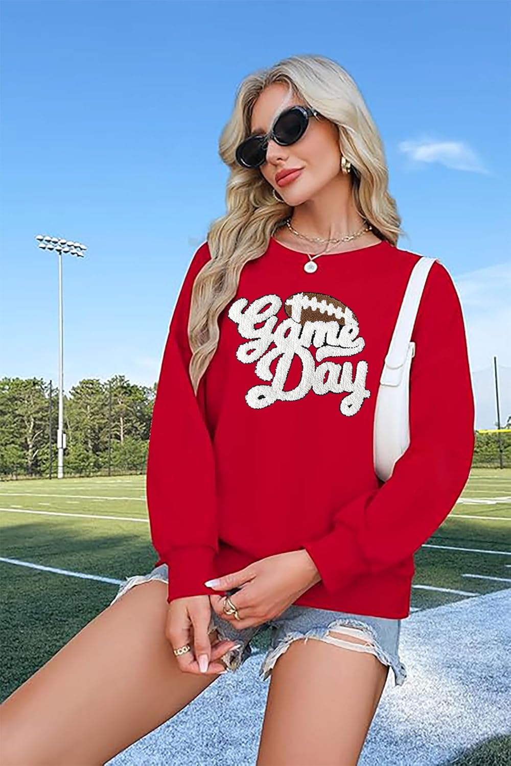 YALUCOR Women Football Sweatshirt Gameday Pullover Shirt Casual Football Mom Tops Hoodie Football Season Chenille Patch Tops - Image 2