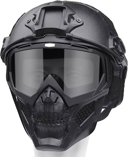 VPZENAR Casco y máscara de Airsoft, máscara de cara completa de calavera de Airsoft, lentes HD desmontables, casco táctico rápido PJ con soporte