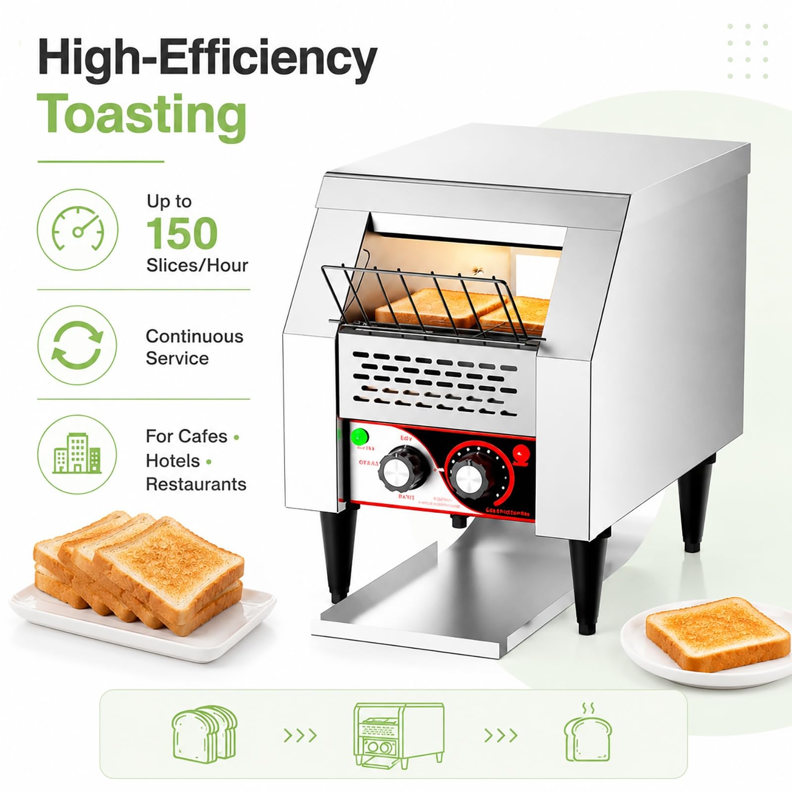 Tostadora de Cinta Comercial, Tostador Rotativo de Acero Inoxidable | Tostador Eléctrico Industrial con Capacidad de 150 Rebanadas por Hora for Cafeterías, Hoteles y Buffets(150 Slice)
