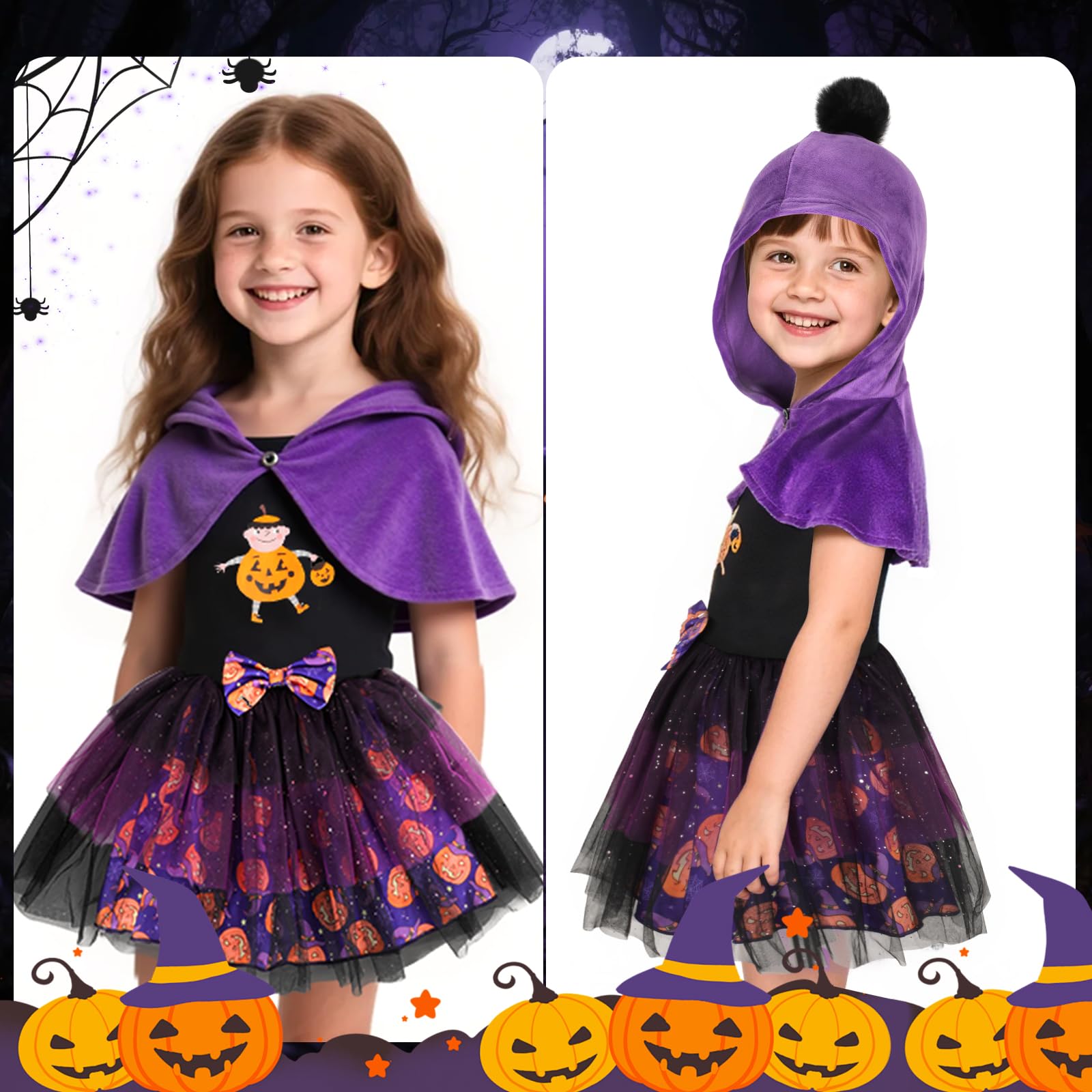 TAGVO Costume da Strega Halloween per Bambina, Ragazze Principessa Vestito Strega Viola Poncho Cappuccio Capo Paillettes Tulle Abiti serbatoio per bambini Halloween fantasia vestire per 1-6 anni