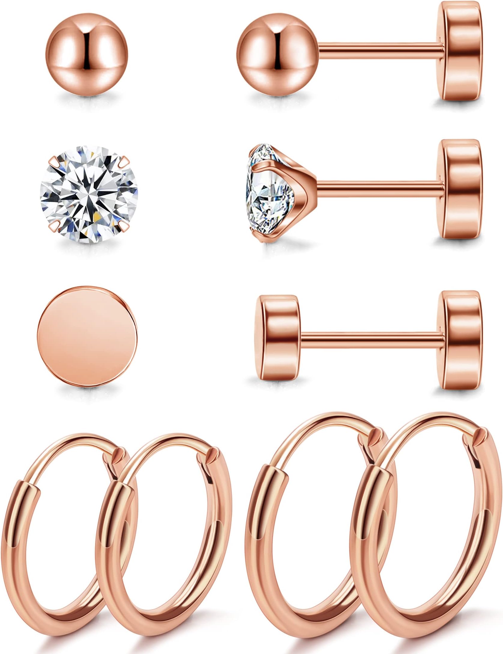 5 Pairs Titanium Earrings - Dot Ball Cubic Zirconia 20 Gauge Pure Titanium Stud Hoop Earrings Set - Flat Back for Women