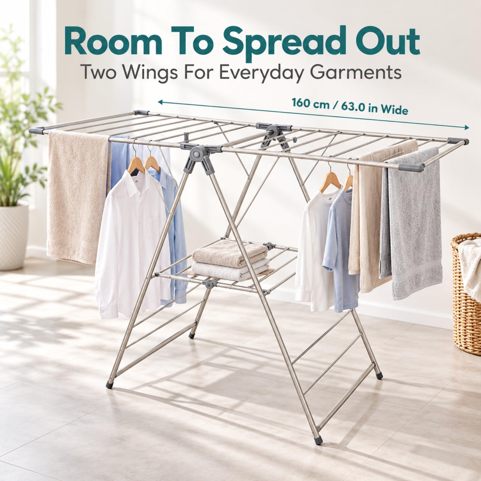 Étendoir À Linge Pliable en INOX avec Ailes Et Tablette, 160 Cm, Gris