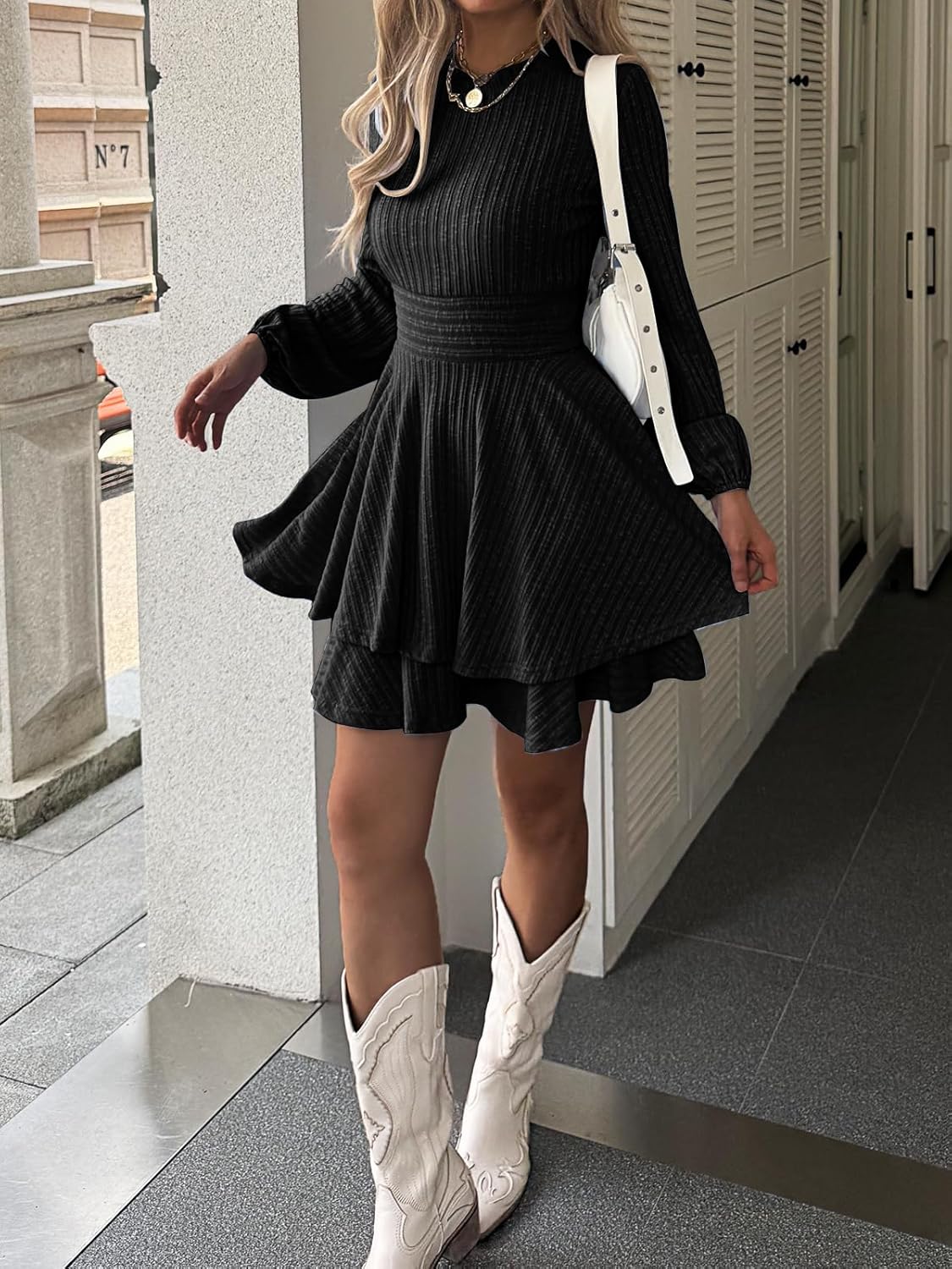 Womens Long Sleeve Knit Dress Casual Lantern Sleeve Crewneck Ruffle Short Flare A-Line Mini Sweater Dress - Image 3