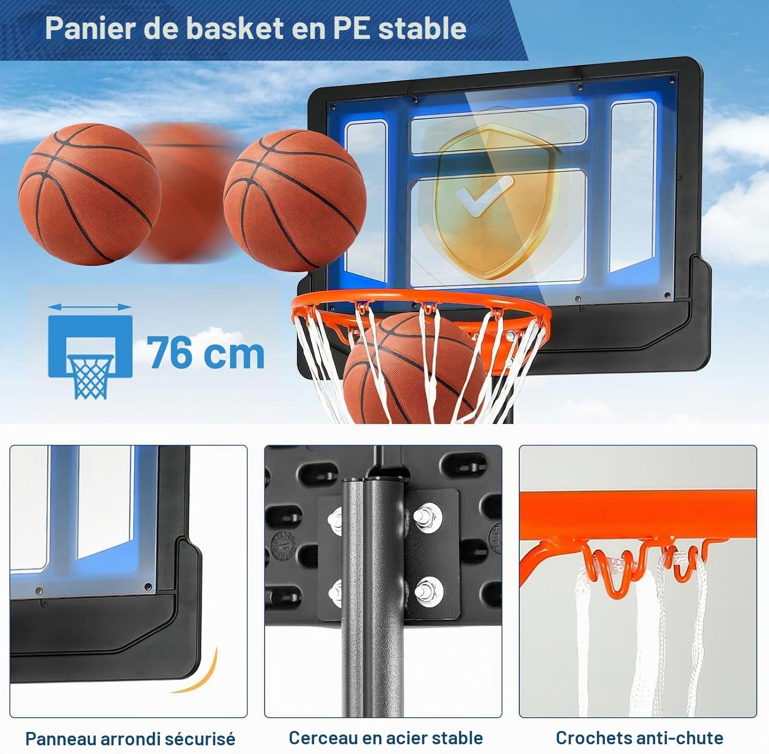 FANTASK Panier de Basket réglable en Hauteur de 90 à 210 cm avec Support et 2 Roues, Panier pour Enfants, Adolescents, Bleu
