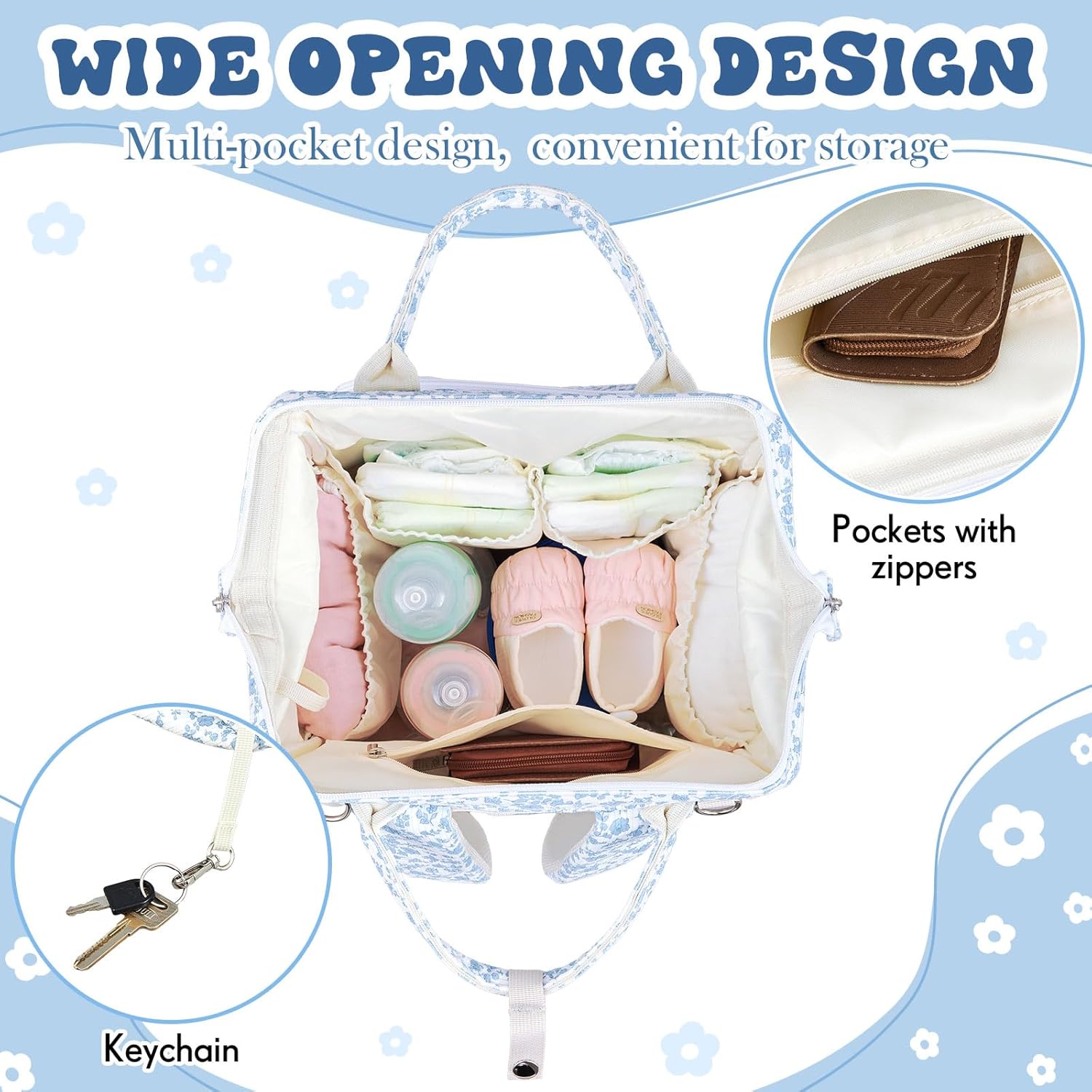 Blue Corduroy Floral Diaper Bag Backpack for Mom Large Capacity Multifunction Travel Backpack for Women, Cute Diaper Bag