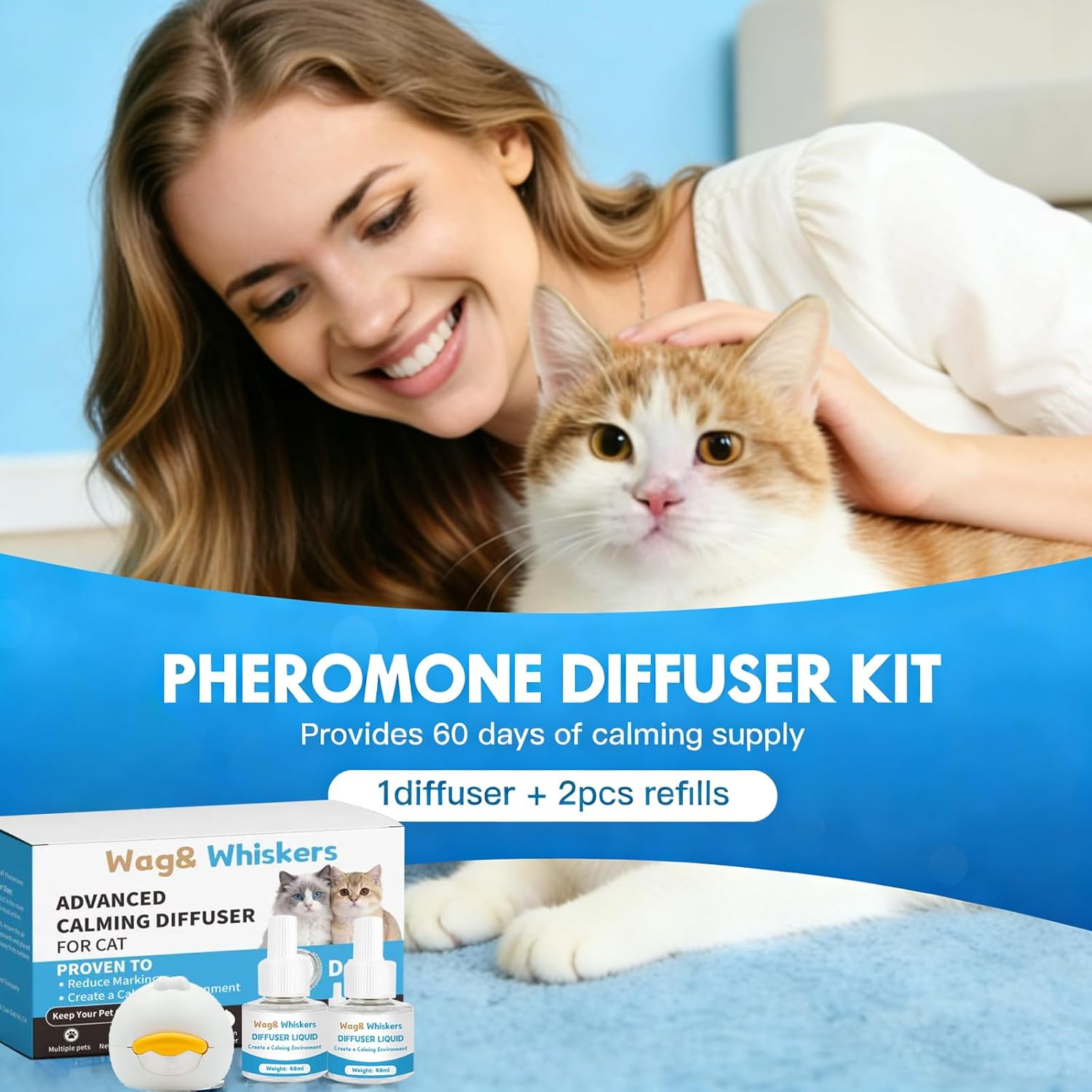 Calming Diffuser, Soothe Your Pet's Emotions, Reduce Stress and Anxiety, and Decrease Fighting and Scratching Behaviors, 3-in-1 Kit for Cats (2pc)