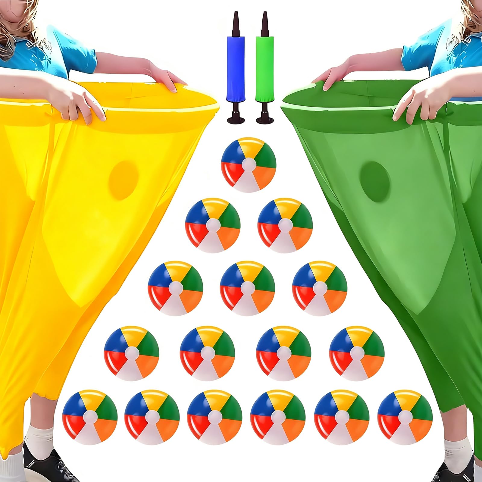 2 Pcs Granny Pants Yard Game, Granny Pants Outdoor Game with 16 Six-Color Bouncy Ball and 2 Air Pump, Team Relay Family Reunion Party Field Game Sets for Adults and Kids (Yellow + Green)