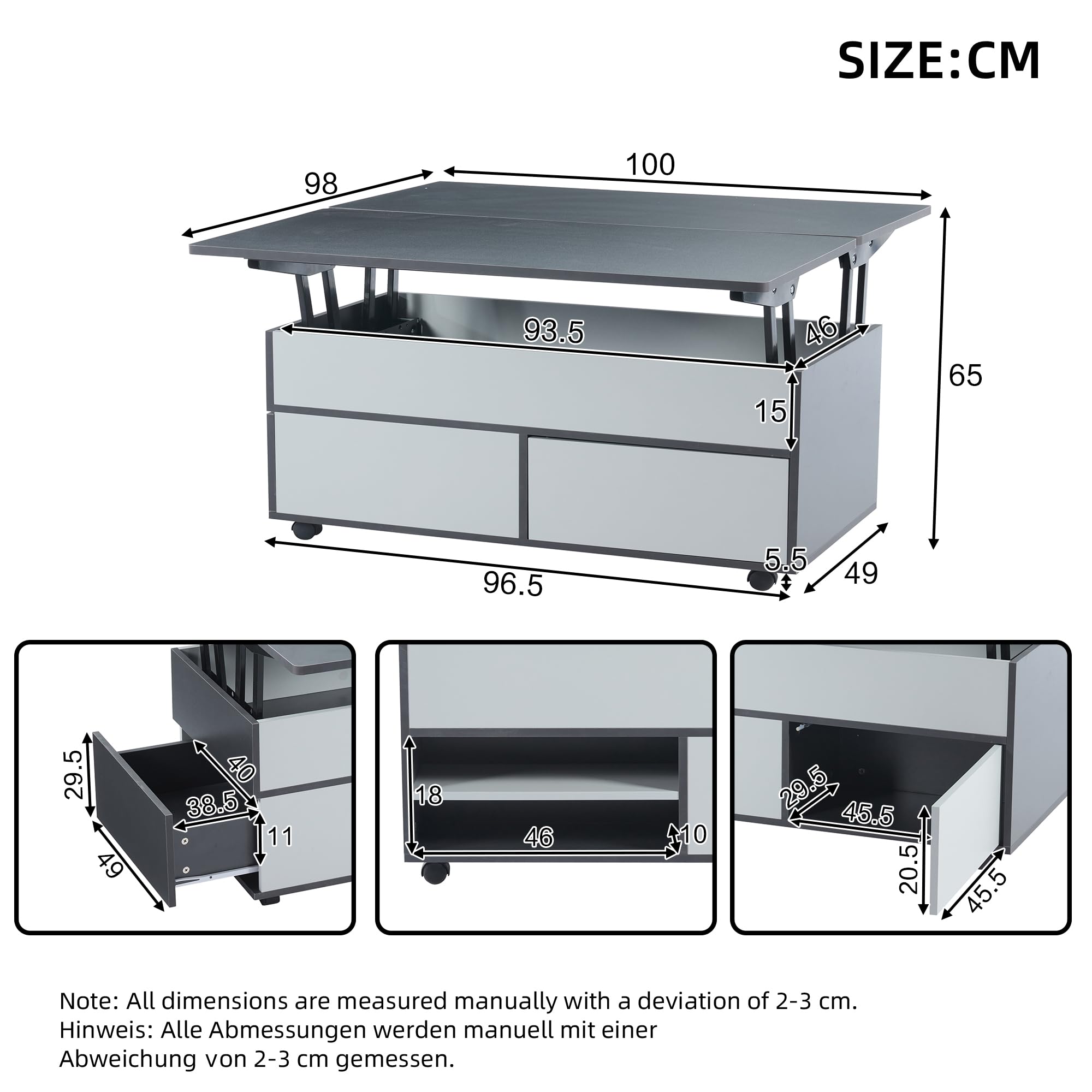 Mesa de café regulable en altura con espacio de almacenamiento oculto y estante, mesa de salón con ruedas y cajones, mesa de comedor multifuncional con espacio de almacenamiento, empalmes gris-blanco