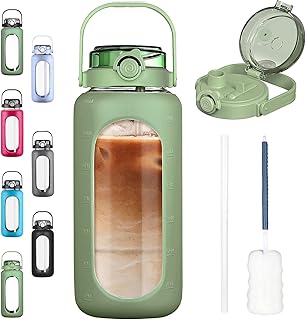BLUEGO 64 oz Glass Water Bottles with Straw Time Marker Half Gallon Large Motivational Water Bottle with Silicone Sleeve 2 Liter Large Glass Water Jug for Gym, Sports& Workout, Olive