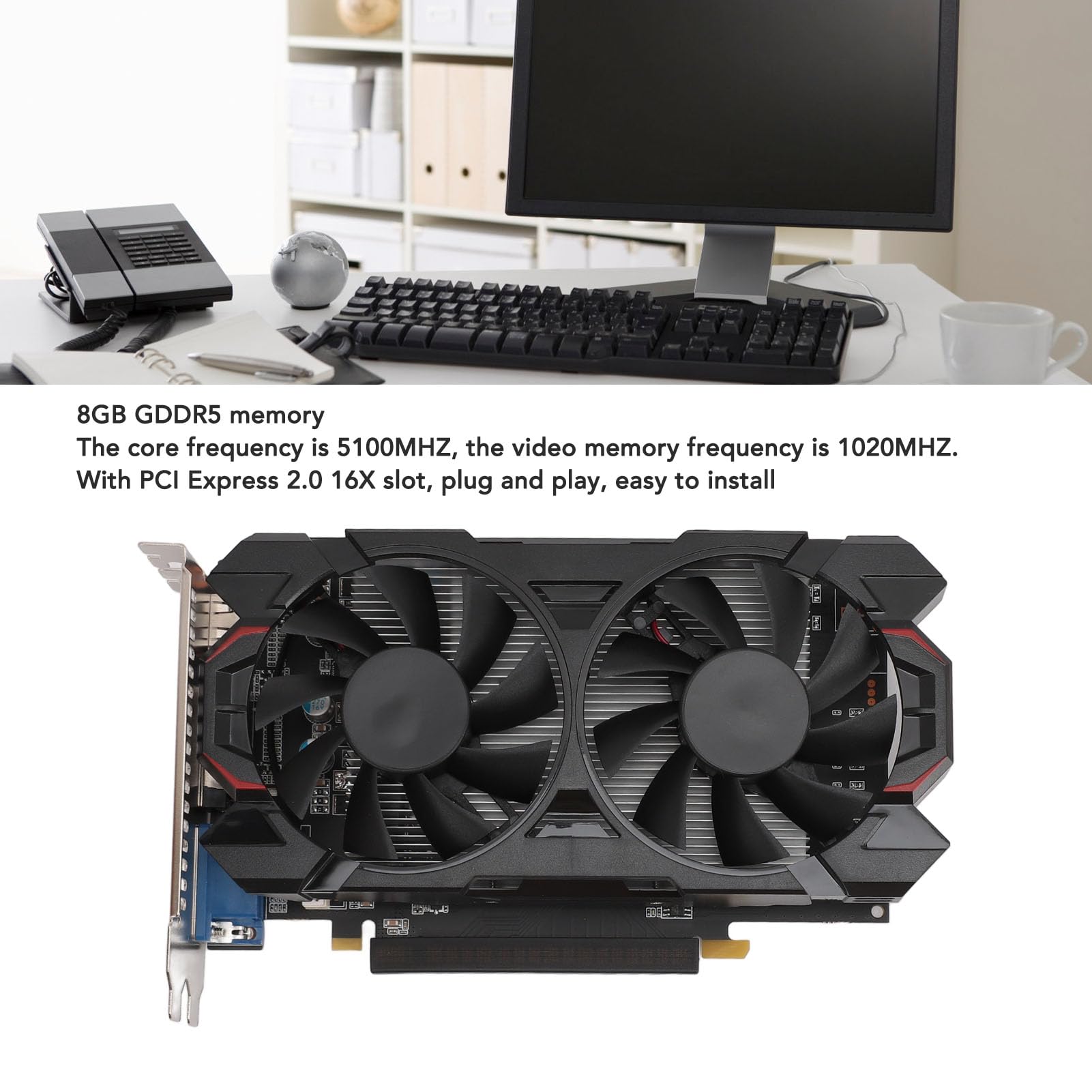 LICAEVEY Karta Graficzna 8GD5 PCIe, 8 GB GDDR5 128-bitowy Podwójny Wentylator, Niskoszumowa, Wydajna Karta Graficzna do Komputerów Stacjonarnych do Gier, z Kondensatorami