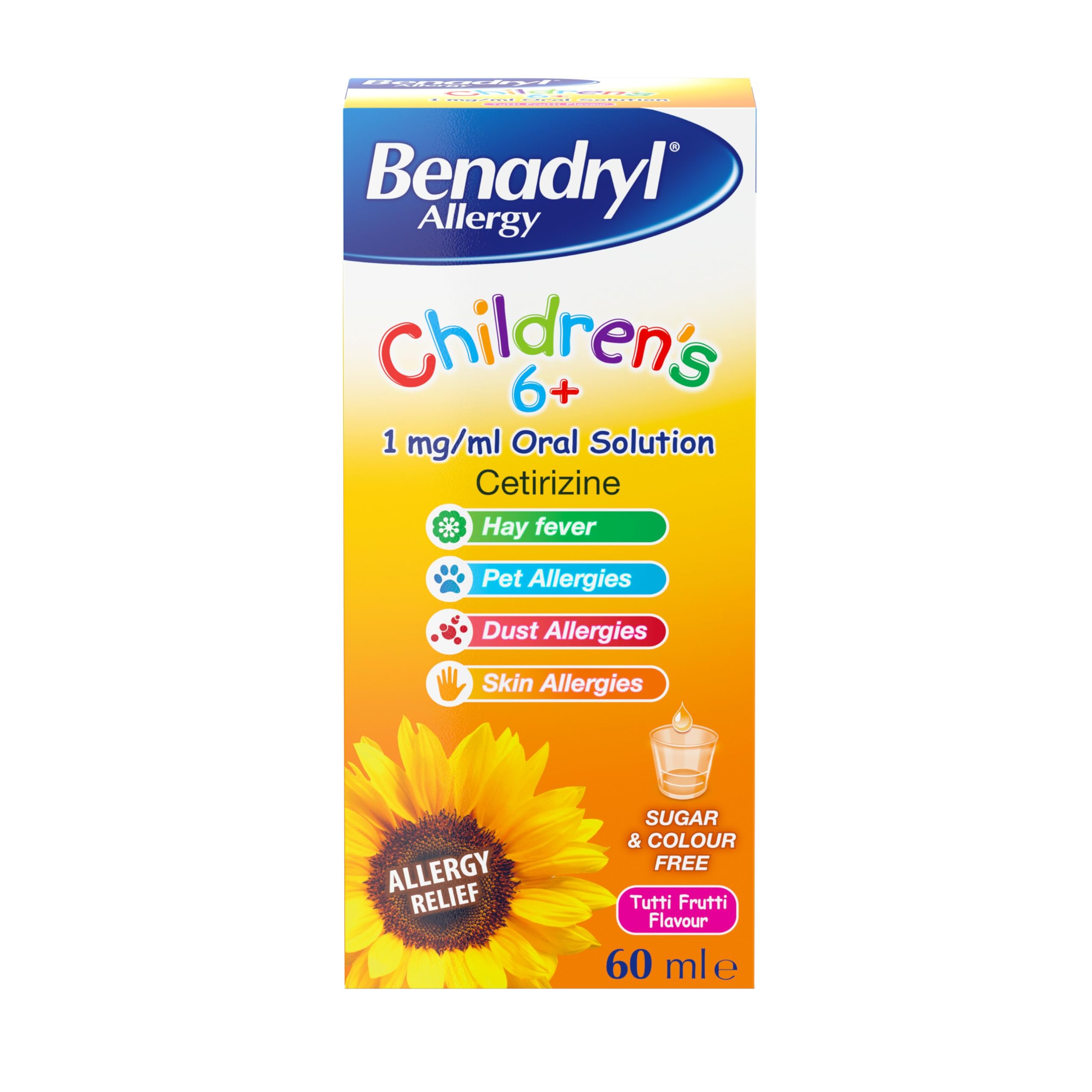 Allergy Relief for Children 6+ Years (1 x 60ml), Tutti Frutti Flavour Syrup, Sugar & Colour Free with Cetirizine, Long-Lasting All-Day Relief