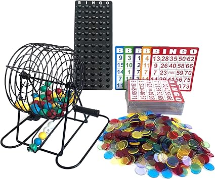 Yuanhe Deluxe Bingo Game Set-Includes Metal Cage,500 Colorful Bingo Chips,100 Bingo Cards,75 Colored Balls,Plastic Masterboard,Great for Large Groups,Parties