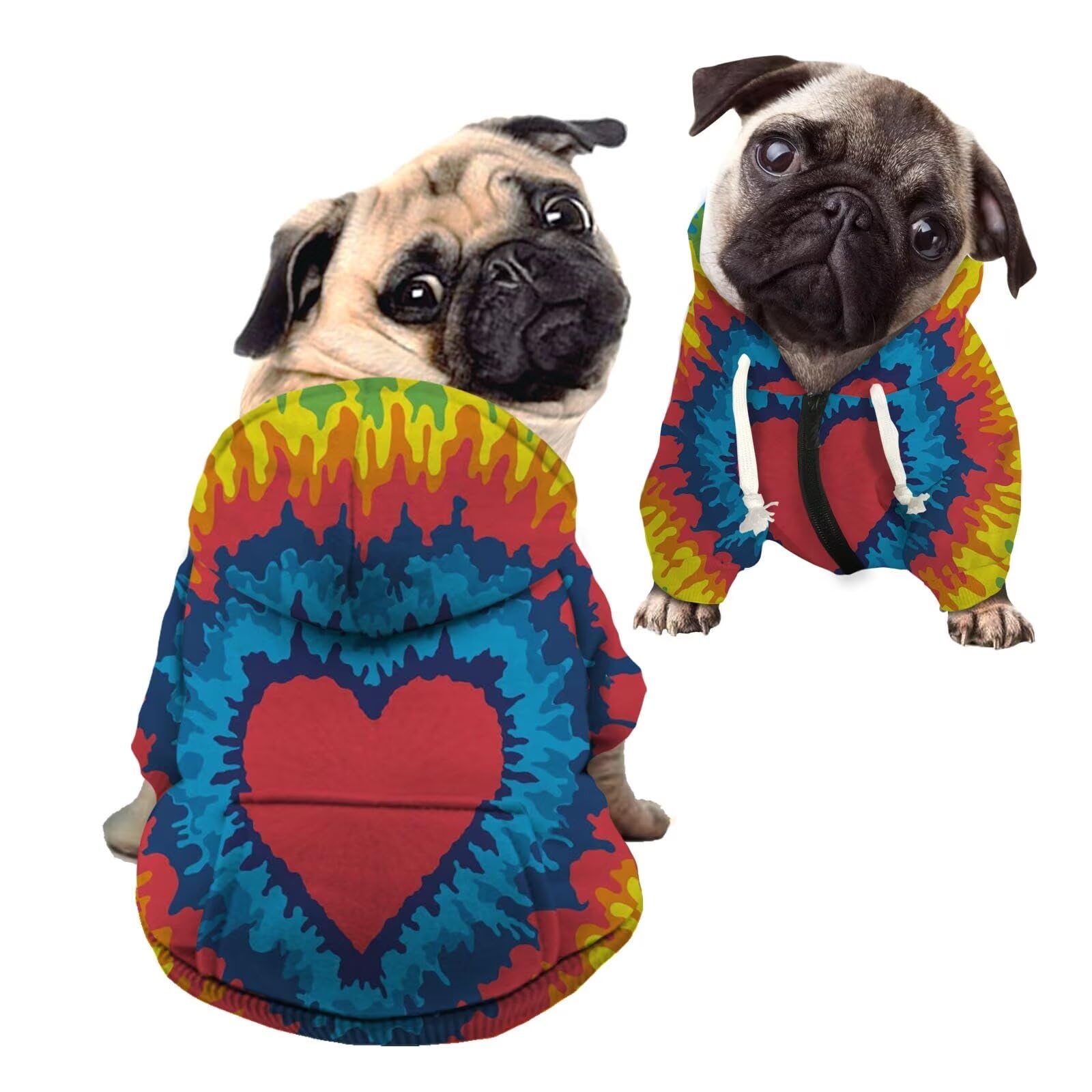 Howilath Casual Pet Clothes, Tie-Dye Heart Pattern Cool Zipper Cotton Polyester Sweatshirt Dog Coat, Soft and Warm Dog Sweater Sweatshirt with Hat - L — image 1