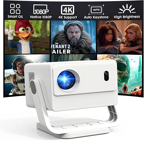 【Aplicaciones integradas y 1080P nativo】Mini proyector inteligente con WiFi y Bluetooth, proyector de películas para exteriores 4K con enfoque